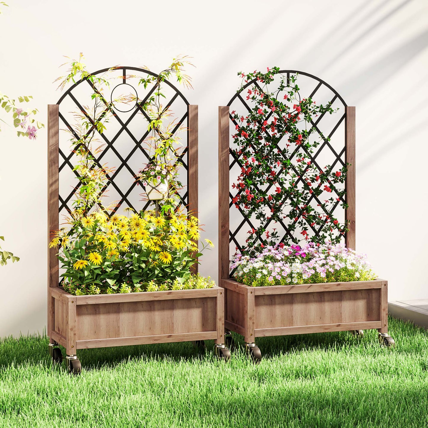 Raised Garden Bed with Metal Trellis, Pack of 2 Wooden Elevated Planter Box with Wheels and Drainage Holes, Outdoor Raised Planter for Climbing Plants, Flowers, Brown