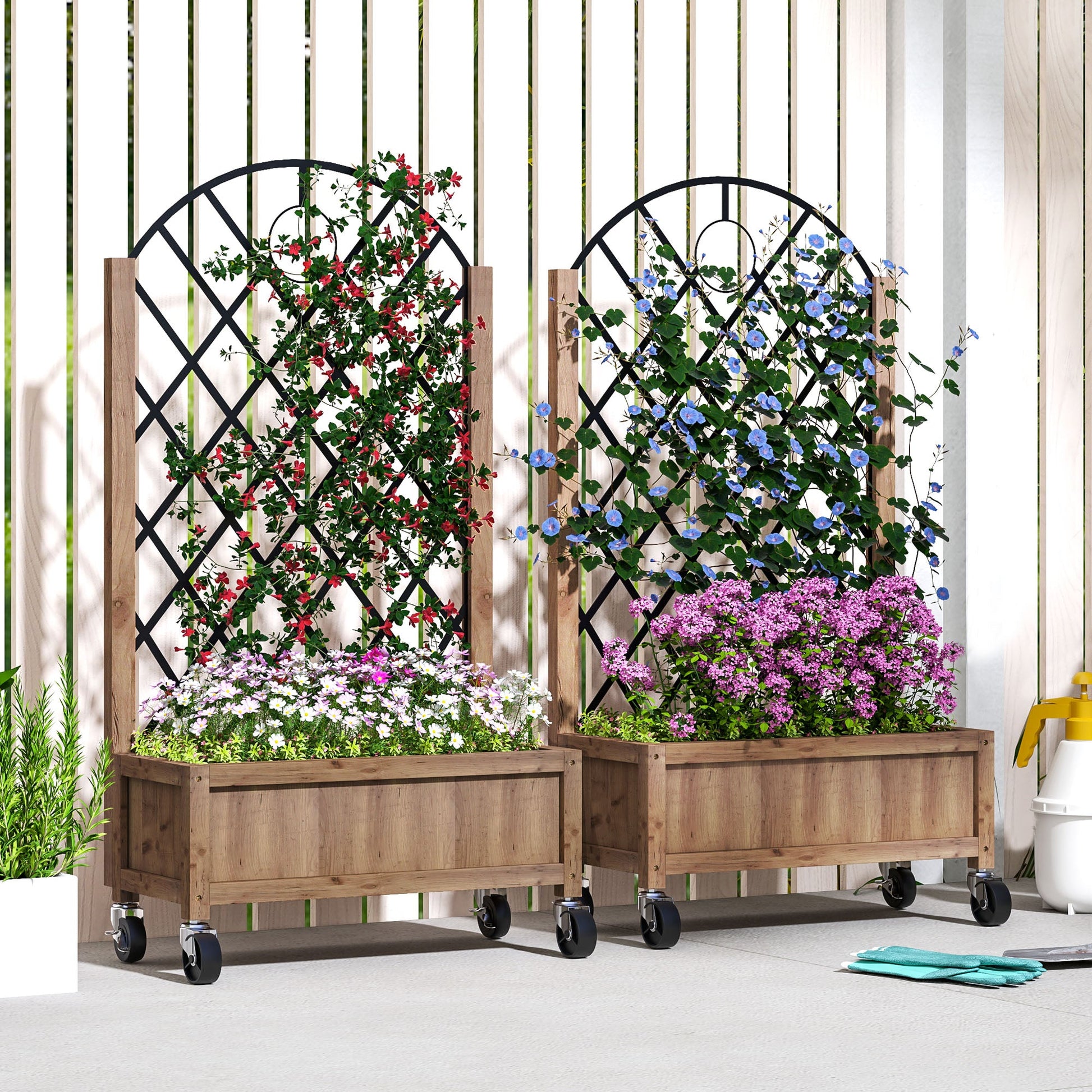 Raised Garden Bed with Metal Trellis, Pack of 2 Wooden Elevated Planter Box with Wheels and Drainage Holes, Outdoor Raised Planter for Climbing Plants, Flowers, Brown