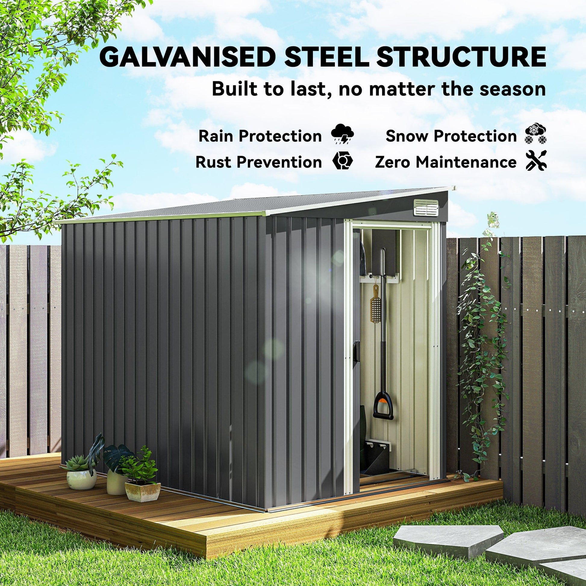 5 x 7FT Lean to Outdoor Storage Shed with Foundation Kit, Metal Garden Shed with Adjustable Shelves, Sliding Door, Vents, Hooks for Backyard, Patio, Lawn, Dark Grey