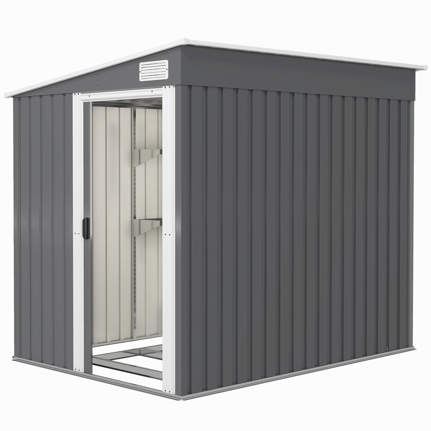 5 x 7FT Lean to Outdoor Storage Shed with Foundation Kit, Metal Garden Shed with Adjustable Shelves, Sliding Door, Vents, Hooks for Backyard, Patio, Lawn, Dark Grey