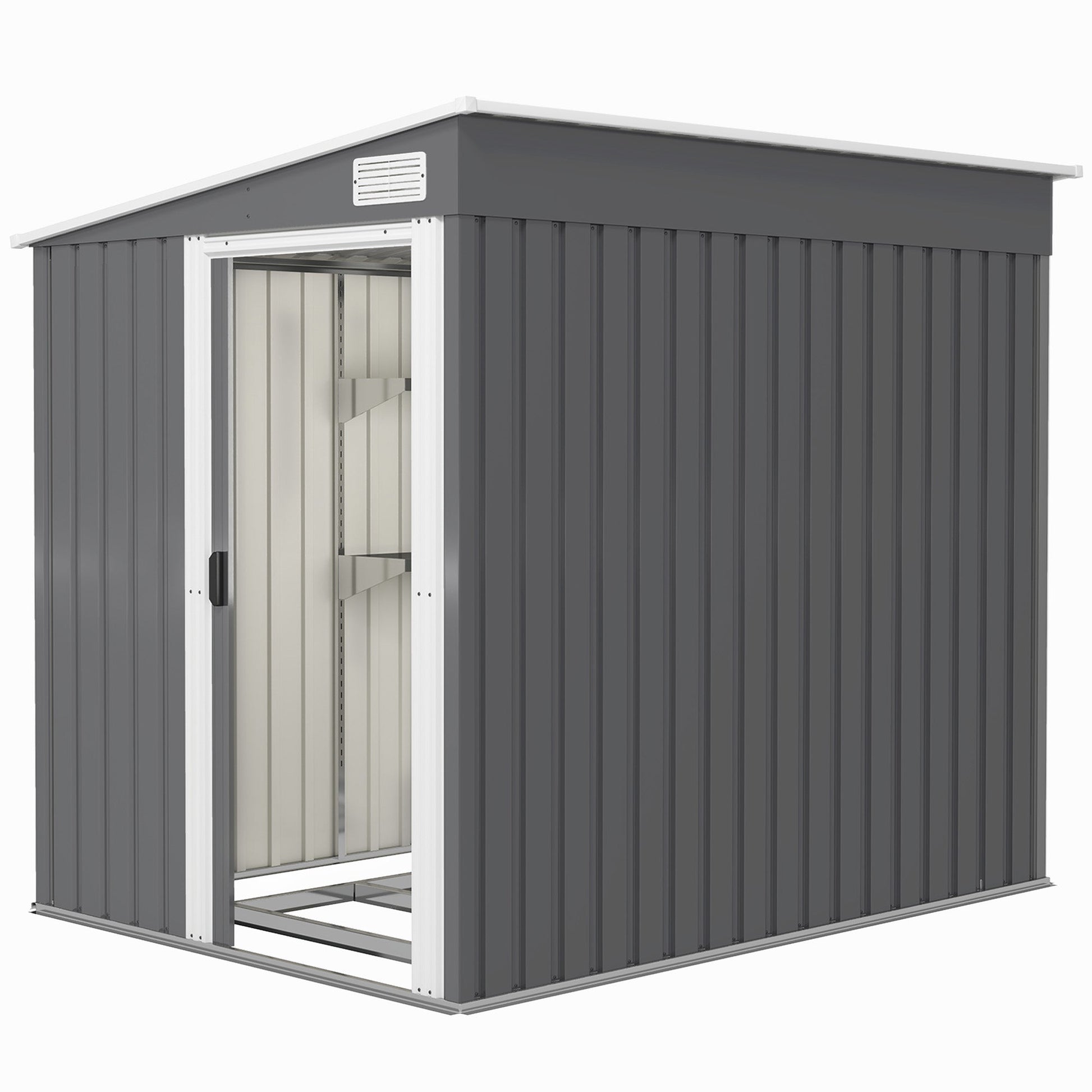 5 x 7FT Lean to Outdoor Storage Shed with Foundation Kit, Metal Garden Shed with Adjustable Shelves, Sliding Door, Vents, Hooks for Backyard, Patio, Lawn, Dark Grey