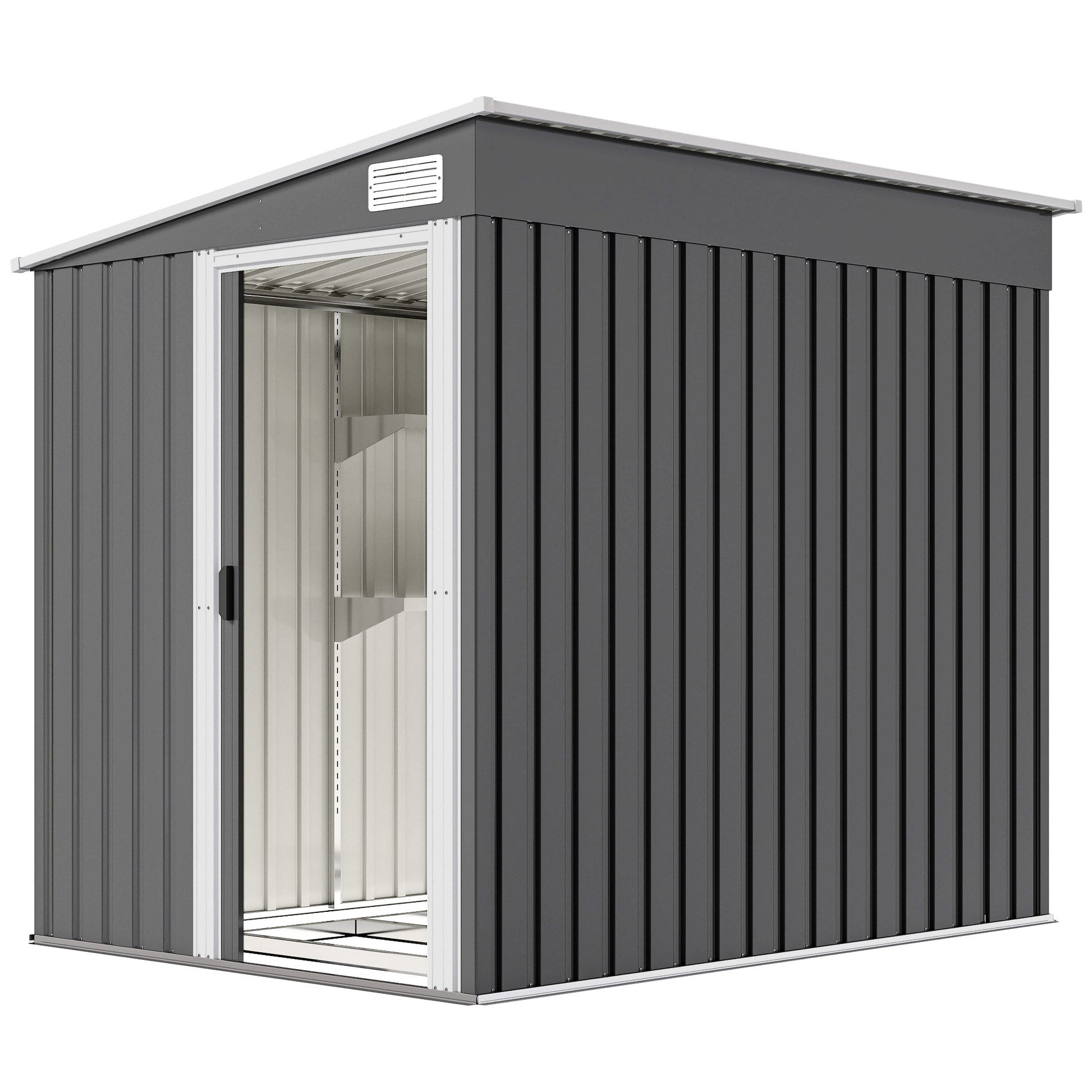 5 x 7FT Lean to Outdoor Storage Shed with Foundation Kit, Metal Garden Shed with Adjustable Shelves, Sliding Door, Vents, Hooks for Backyard, Patio, Lawn, Dark Grey