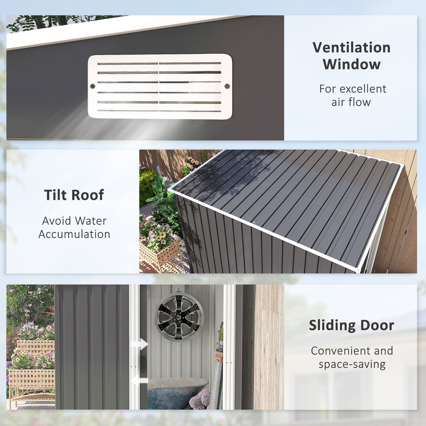 5 x 7FT Lean to Outdoor Storage Shed with Foundation Kit, Metal Garden Shed with Adjustable Shelves, Sliding Door, Vents, Hooks for Backyard, Patio, Lawn, Dark Grey
