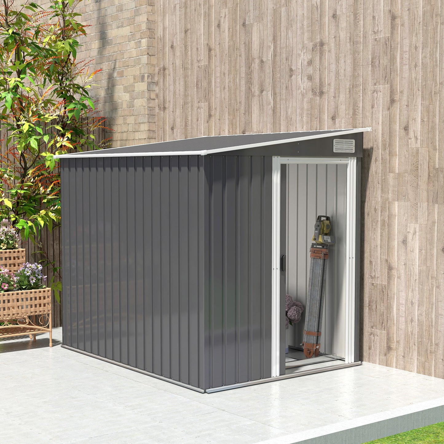 5 x 7FT Lean to Outdoor Storage Shed with Foundation Kit, Metal Garden Shed with Adjustable Shelves, Sliding Door, Vents, Hooks for Backyard, Patio, Lawn, Dark Grey