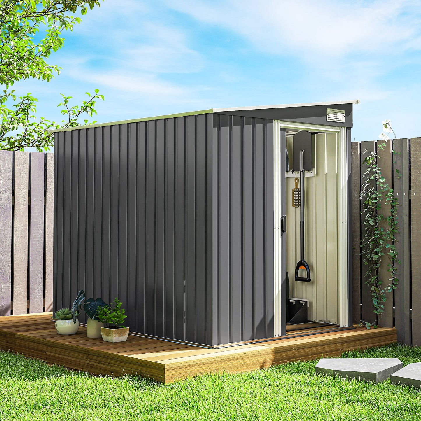 5 x 7FT Lean to Outdoor Storage Shed with Foundation Kit, Metal Garden Shed with Adjustable Shelves, Sliding Door, Vents, Hooks for Backyard, Patio, Lawn, Dark Grey