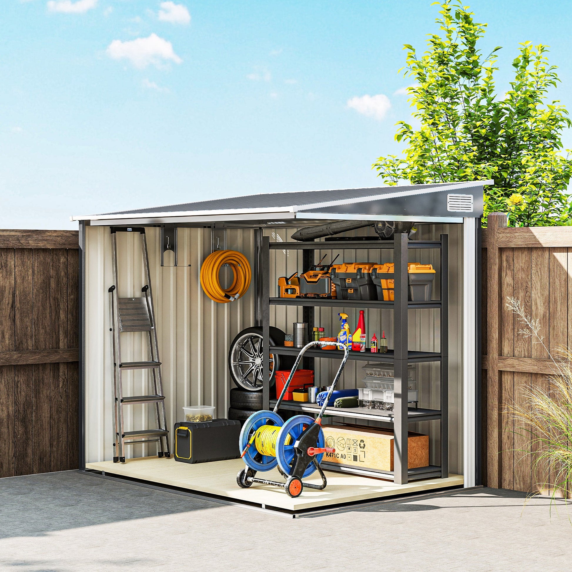 5 x 7FT Lean to Outdoor Storage Shed with Foundation Kit, Metal Garden Shed with Adjustable Shelves, Sliding Door, Vents, Hooks for Backyard, Patio, Lawn, Dark Grey
