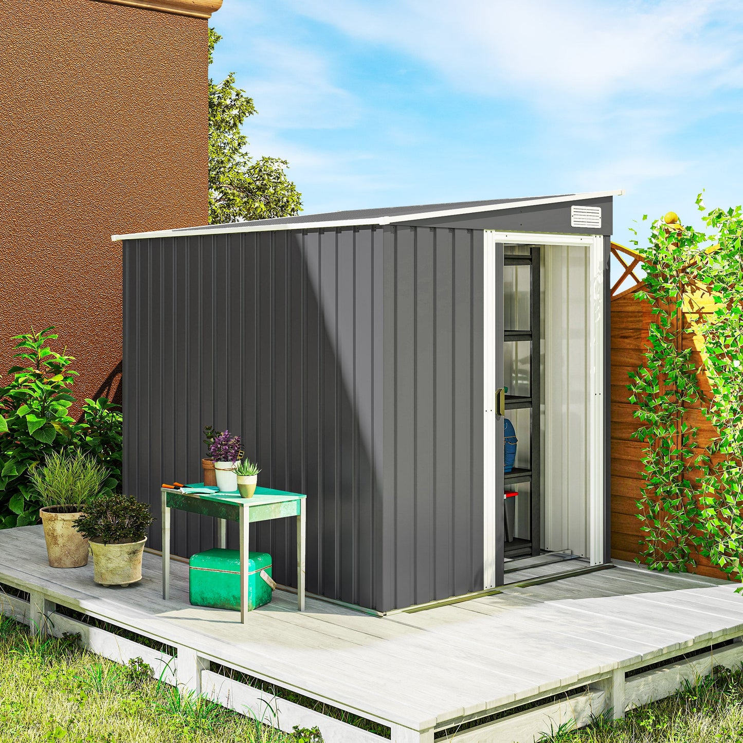 5 x 7FT Lean to Outdoor Storage Shed with Foundation Kit, Metal Garden Shed with Adjustable Shelves, Sliding Door, Vents, Hooks for Backyard, Patio, Lawn, Dark Grey