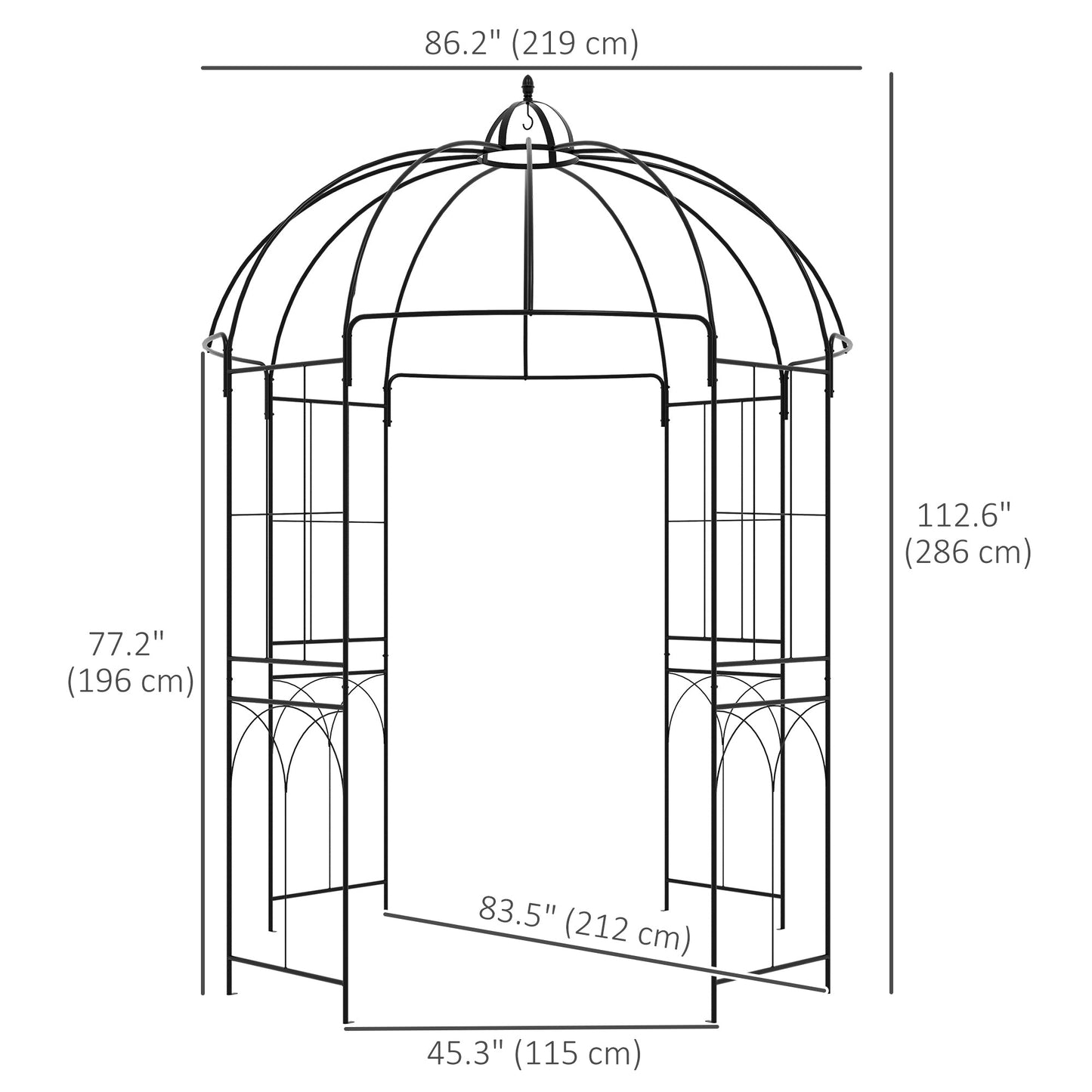Birdcage Shape Garden Arbour, Metal Gazebo Pergola Pavilion for Climbing Plants, Lights, Flowers, French Style Arch Trellis with Hook for Wedding, Party, Ceremony, Black