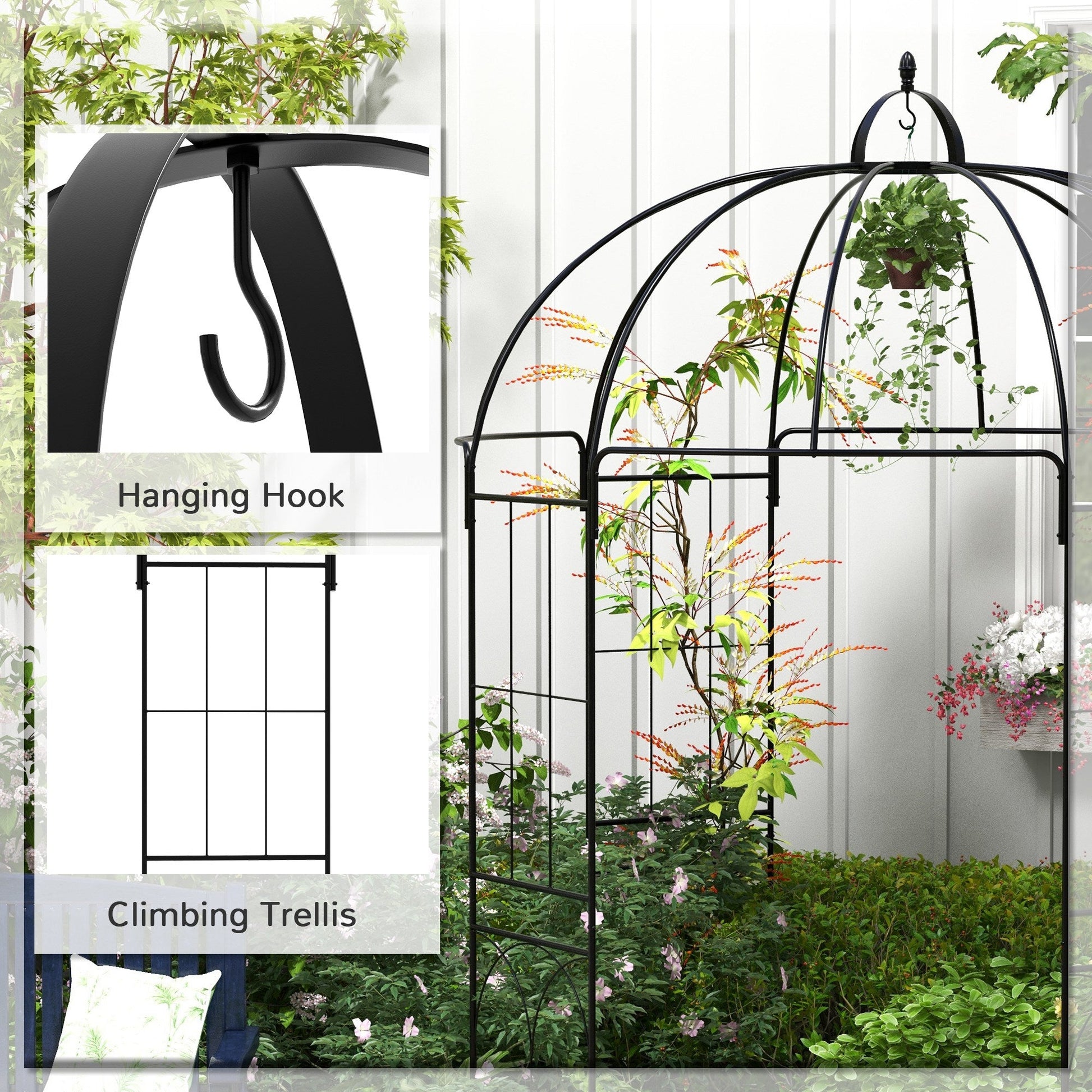 Birdcage Shape Garden Arbour, Metal Gazebo Pergola Pavilion for Climbing Plants, Lights, Flowers, French Style Arch Trellis with Hook for Wedding, Party, Ceremony, Black