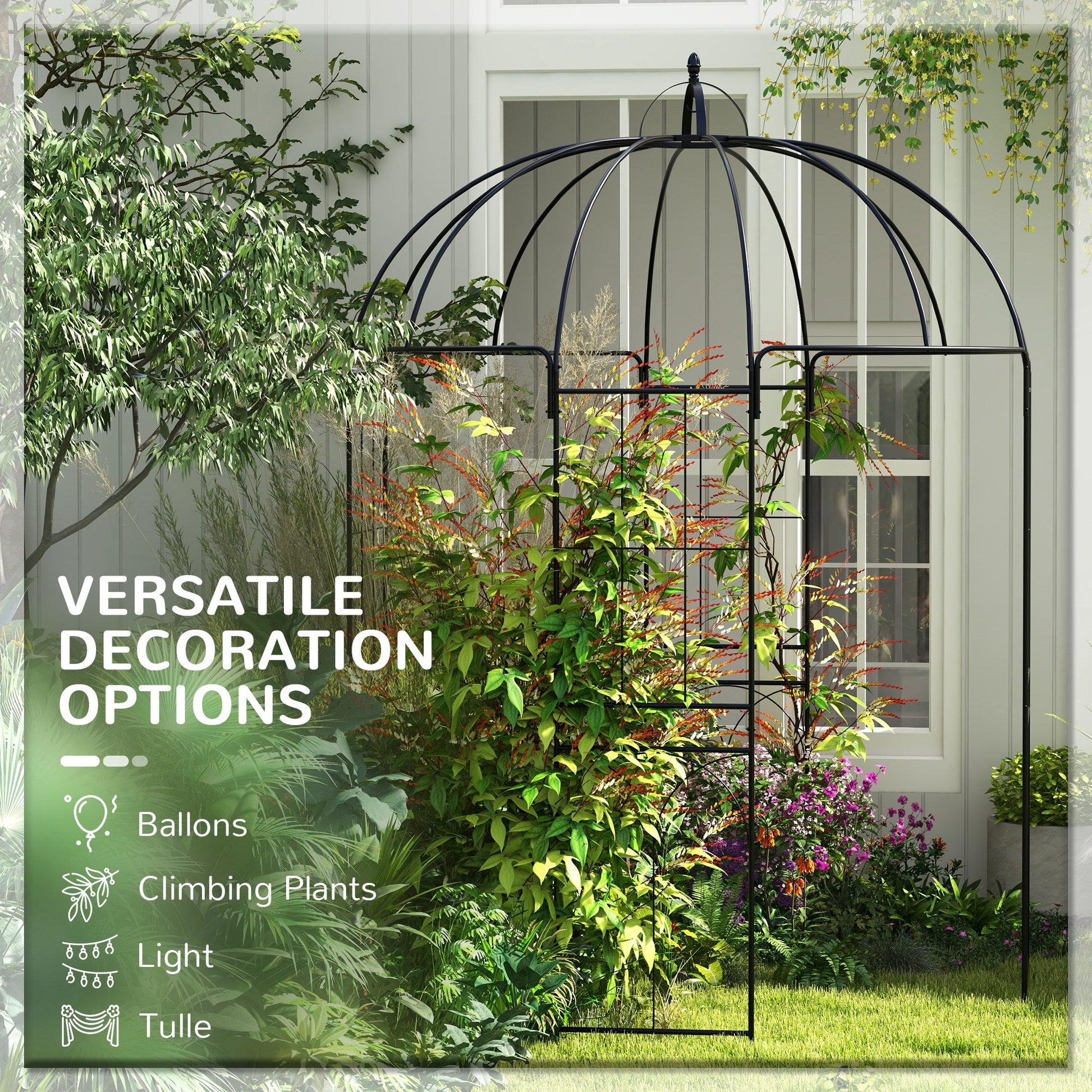 Birdcage Shape Garden Arbour, Metal Gazebo Pergola Pavilion for Climbing Plants, Lights, Flowers, French Style Arch Trellis with Hook for Wedding, Party, Ceremony, Black