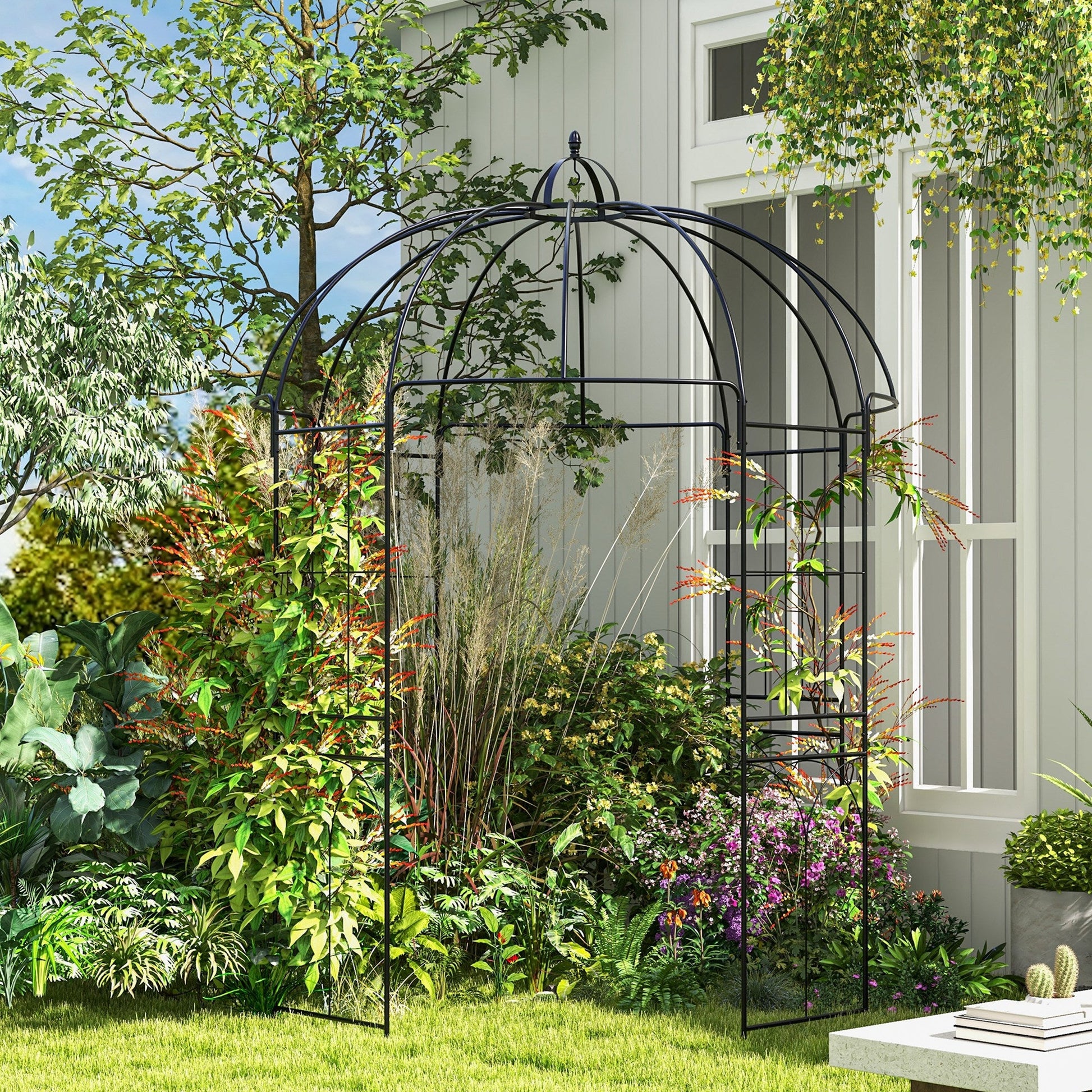 Birdcage Shape Garden Arbour, Metal Gazebo Pergola Pavilion for Climbing Plants, Lights, Flowers, French Style Arch Trellis with Hook for Wedding, Party, Ceremony, Black