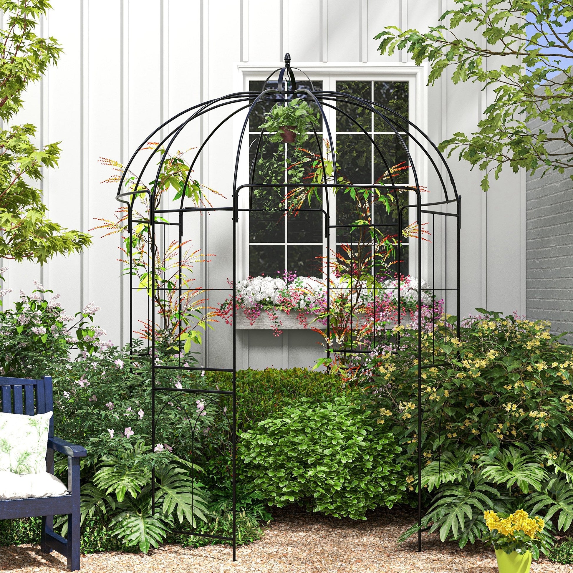 Birdcage Shape Garden Arbour, Metal Gazebo Pergola Pavilion for Climbing Plants, Lights, Flowers, French Style Arch Trellis with Hook for Wedding, Party, Ceremony, Black