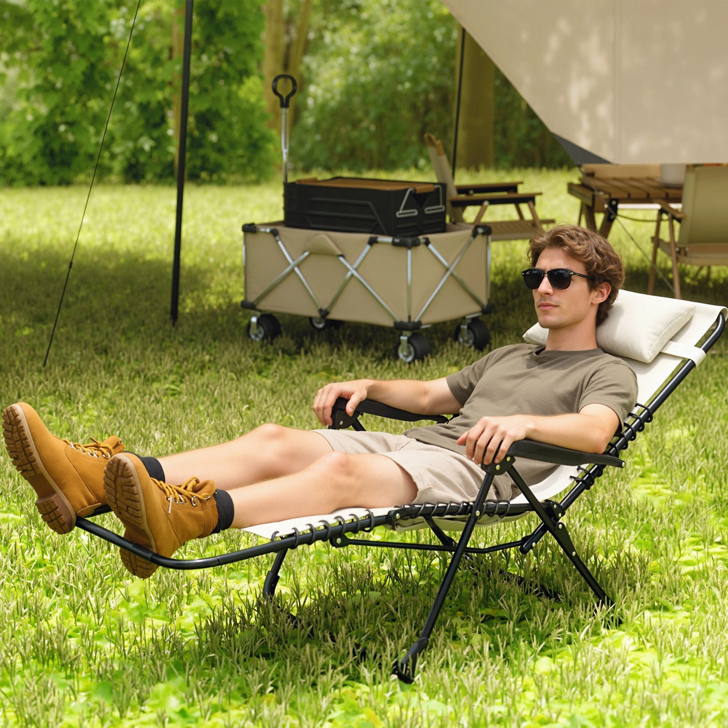 Zero Gravity Chair, Folding Outdoor Lounge Chair, 5-Position Adjustable Patio Lounger Recliner with Padded Removable Headrest for Lawn, Beach, Poolside, Beige