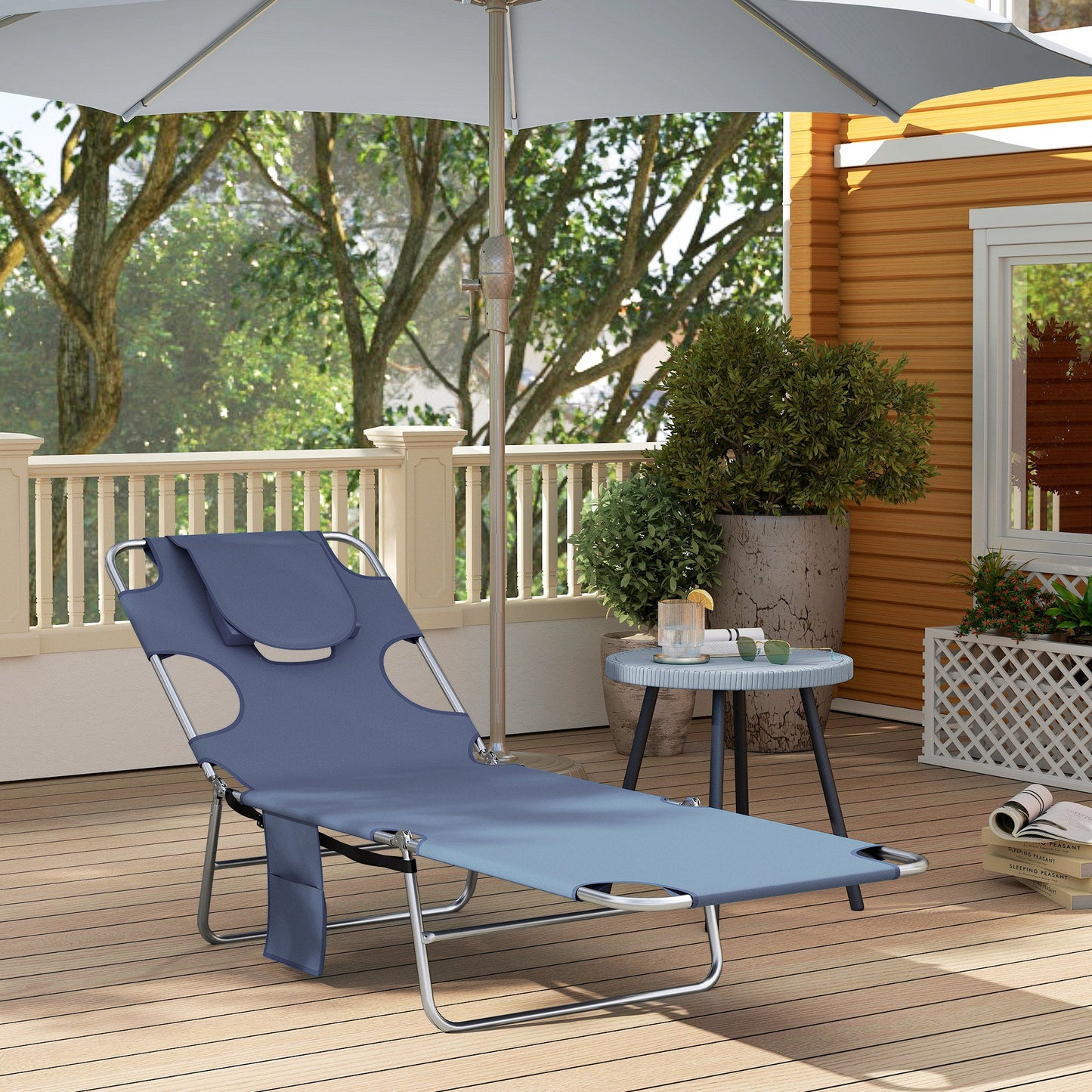 Folding Lounge Chair Outdoor Tanning Chair with Face Hole, 5-Position Reclining Sun Lounger Chaise Lounge Cot with Side Pocket, Carry Strap for Beach Pool, Yard, Grey