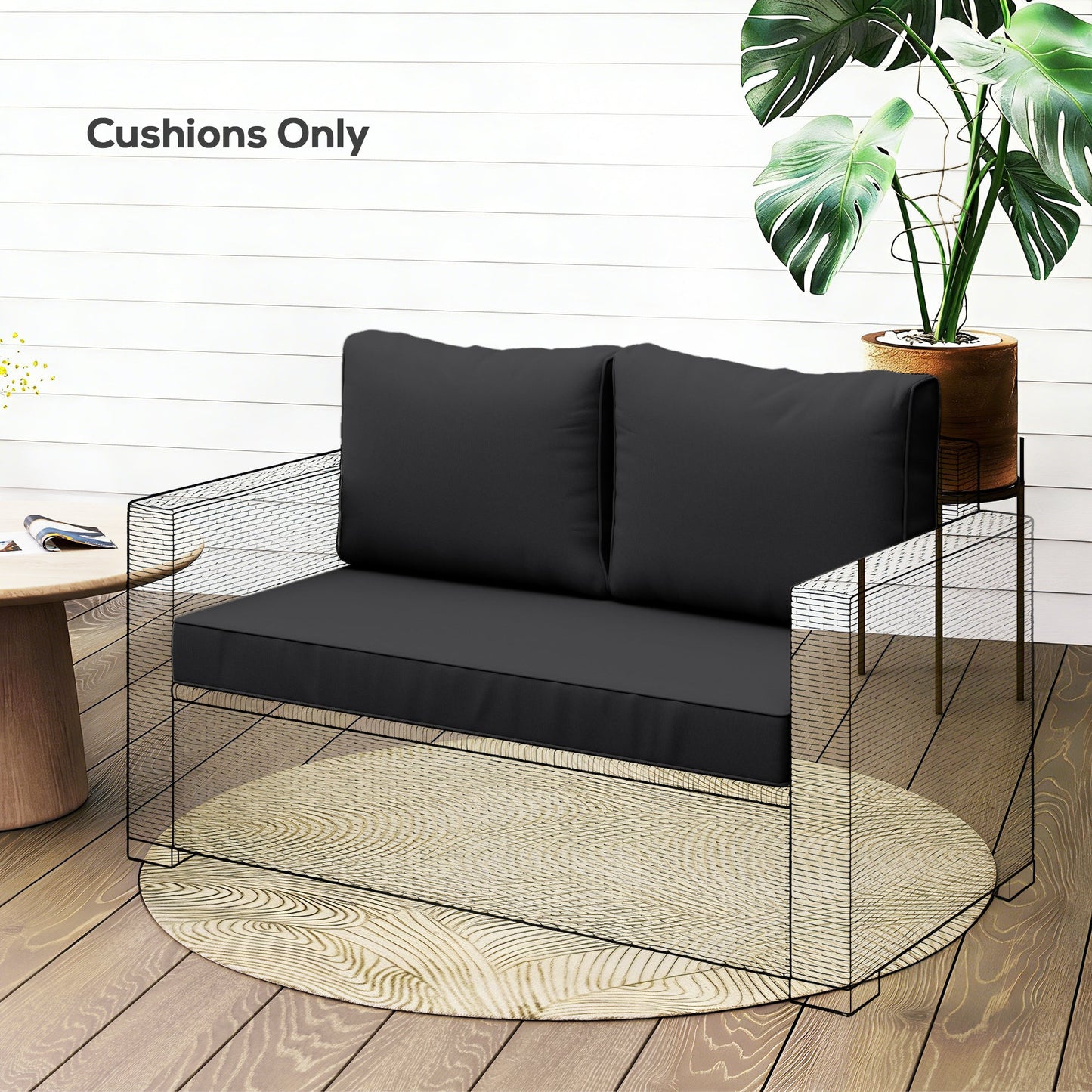 2 Seater Outdoor Seat Cushions with Backrest, Loveseat Double Sofa Outdoor Furniture Cushions, Fade-Resistant Replacement Patio Cushions for Indoor and Outdoor, Black