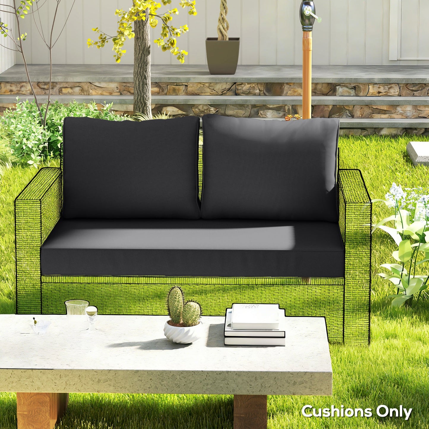 2 Seater Outdoor Seat Cushions with Backrest, Loveseat Double Sofa Outdoor Furniture Cushions, Fade-Resistant Replacement Patio Cushions for Indoor and Outdoor, Black
