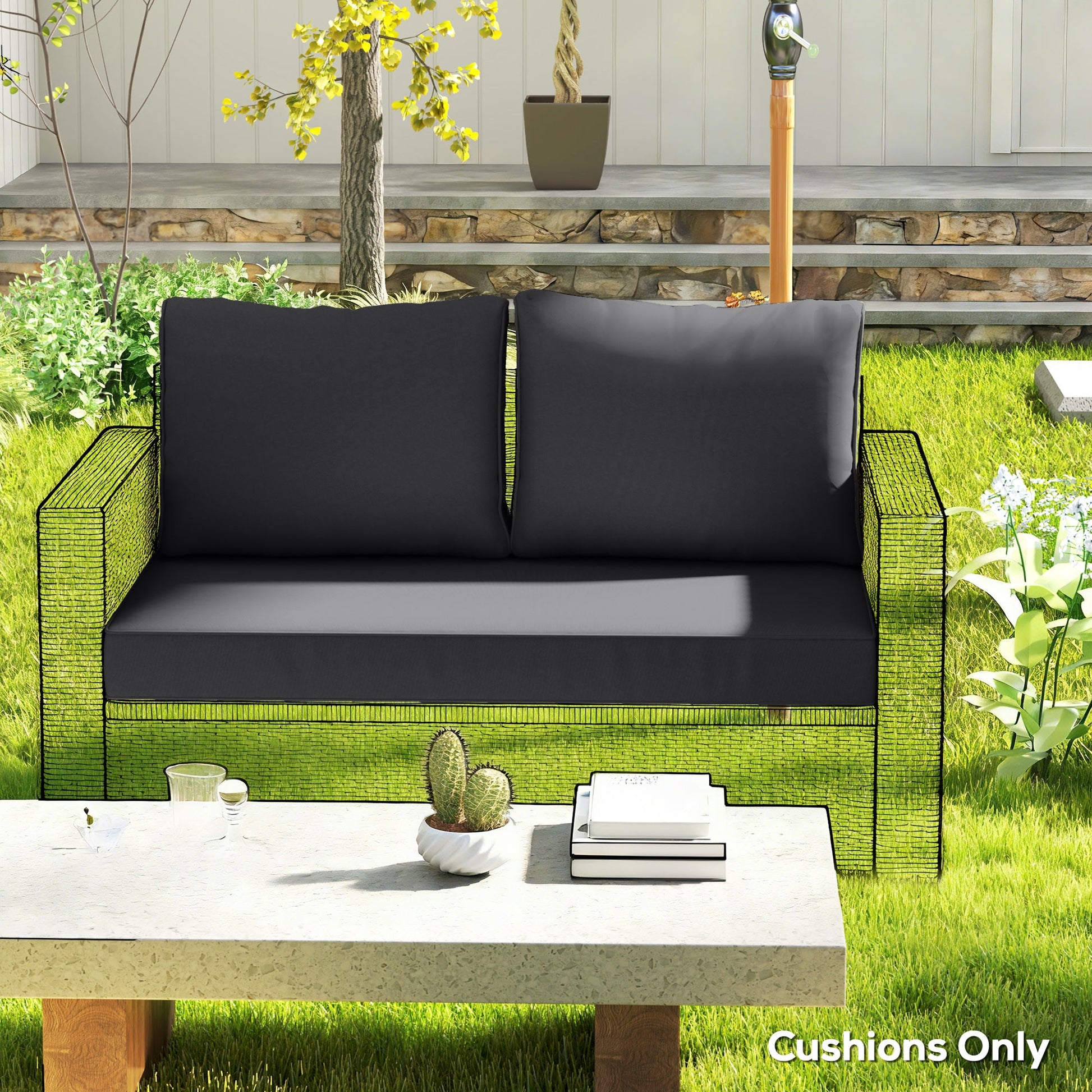 2 Seater Outdoor Seat Cushions with Backrest, Loveseat Double Sofa Outdoor Furniture Cushions, Fade-Resistant Replacement Patio Cushions for Indoor and Outdoor, Black