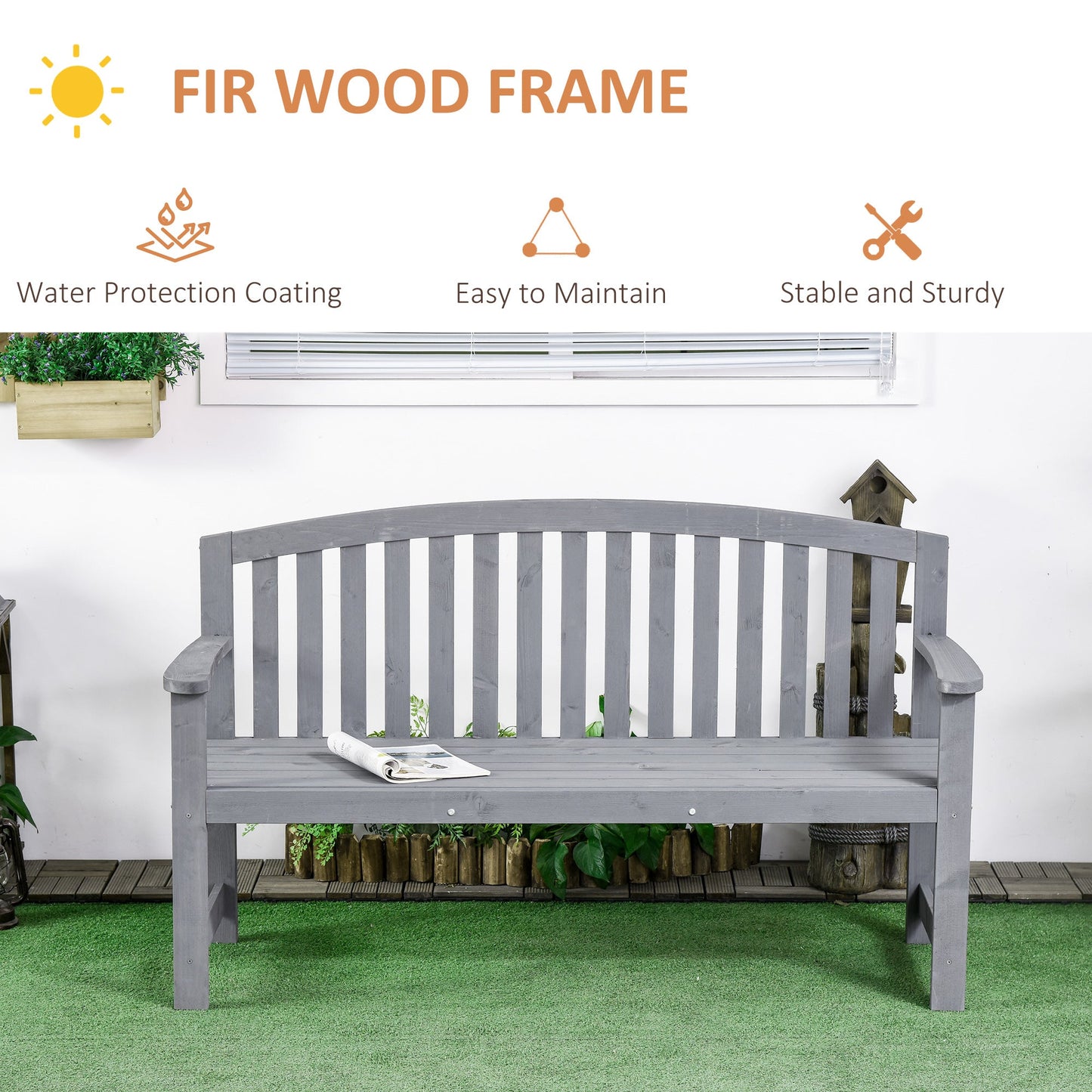 4.7Ft Garden Bench, 2 Seater Outdoor Patio Seat with Slatted Design for Park, Yard, Indoor, Grey