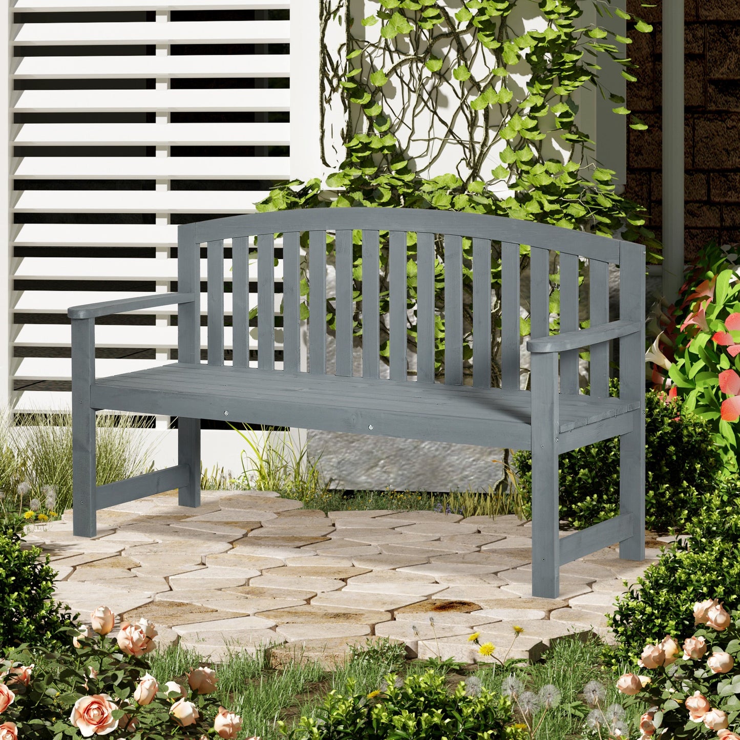4.7Ft Garden Bench, 2 Seater Outdoor Patio Seat with Slatted Design for Park, Yard, Indoor, Grey