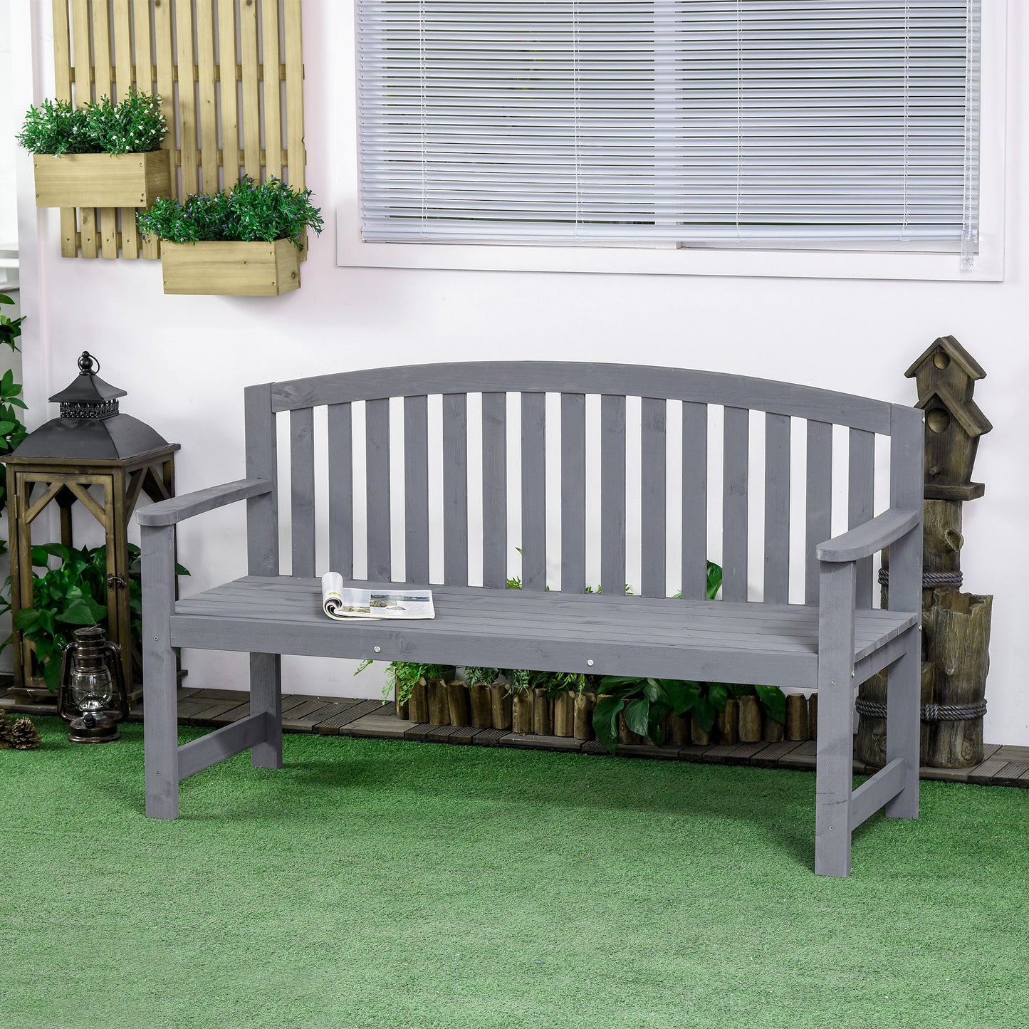 4.7Ft Garden Bench, 2 Seater Outdoor Patio Seat with Slatted Design for Park, Yard, Indoor, Grey
