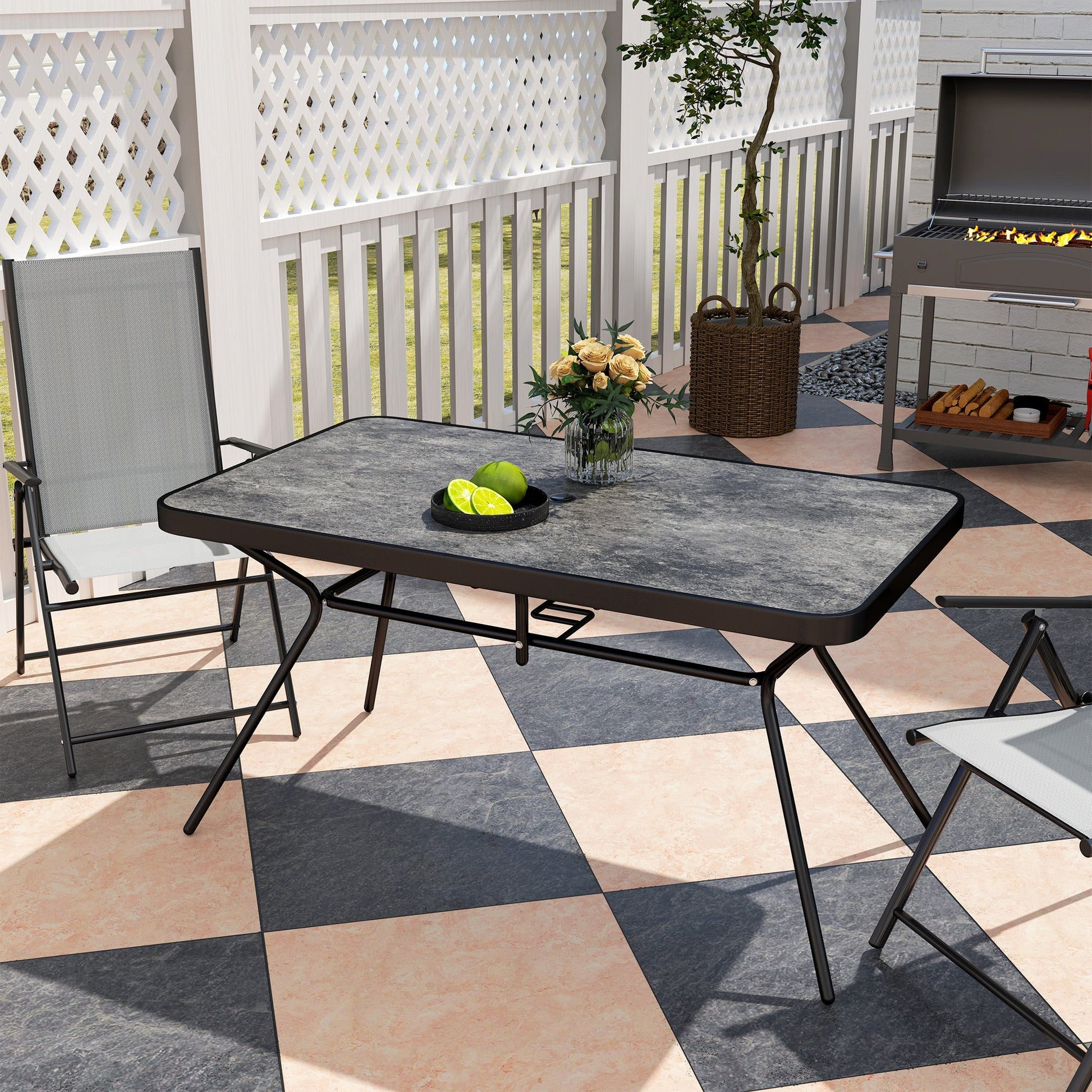 55" x 31.5" x 28" Rectangle Outdoor Dining Table for 6, Patio Table with 1.7" Umbrella Hole, Easy Clean DPC Plastic Tabletop, Steel Frame, for Backyard, Deck, Lawn, Grey