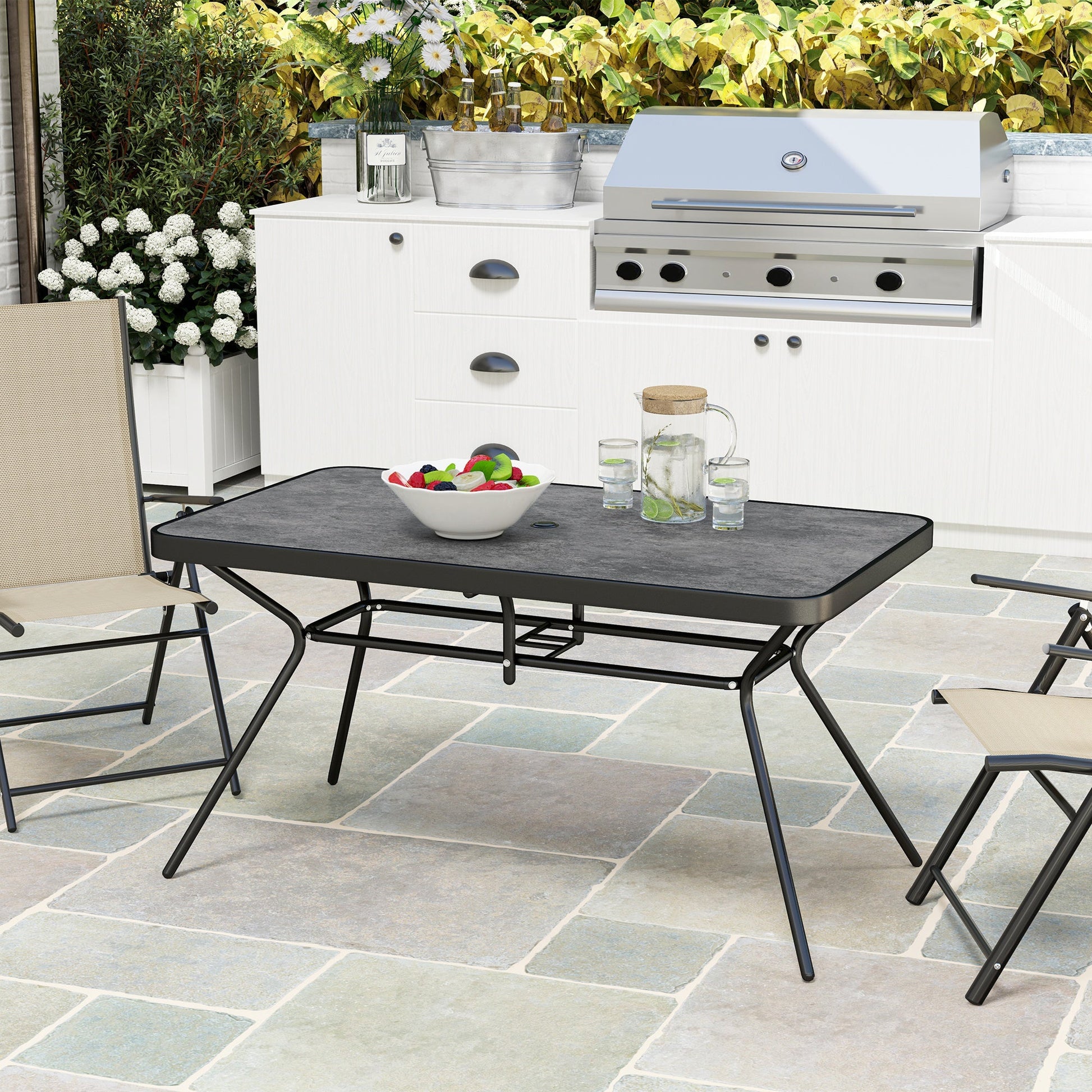 55" x 31.5" x 28" Rectangle Outdoor Dining Table for 6, Patio Table with 1.7" Umbrella Hole, Easy Clean DPC Plastic Tabletop, Steel Frame, for Backyard, Deck, Lawn, Grey