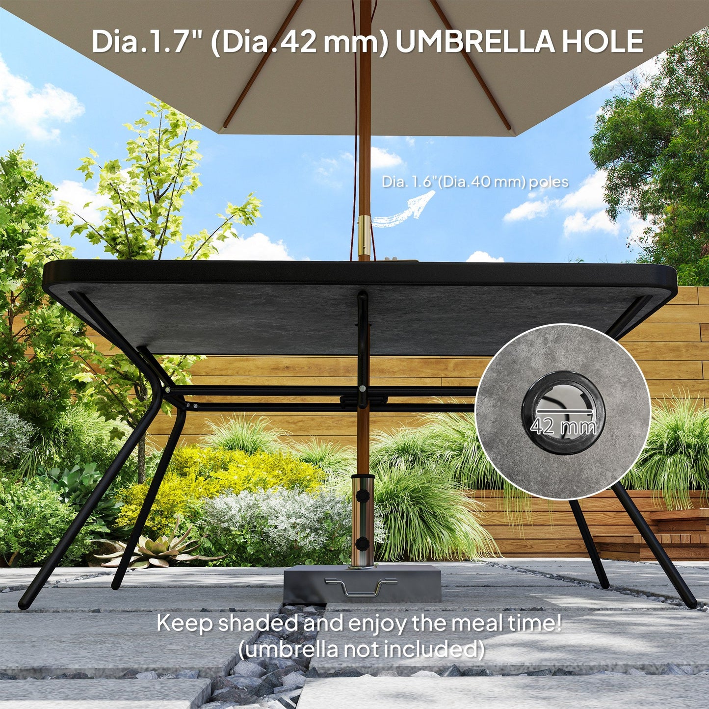 55" x 31.5" x 28" Rectangle Outdoor Dining Table for 6, Patio Table with 1.7" Umbrella Hole, Easy Clean DPC Plastic Tabletop, Steel Frame, for Backyard, Deck, Lawn, Grey