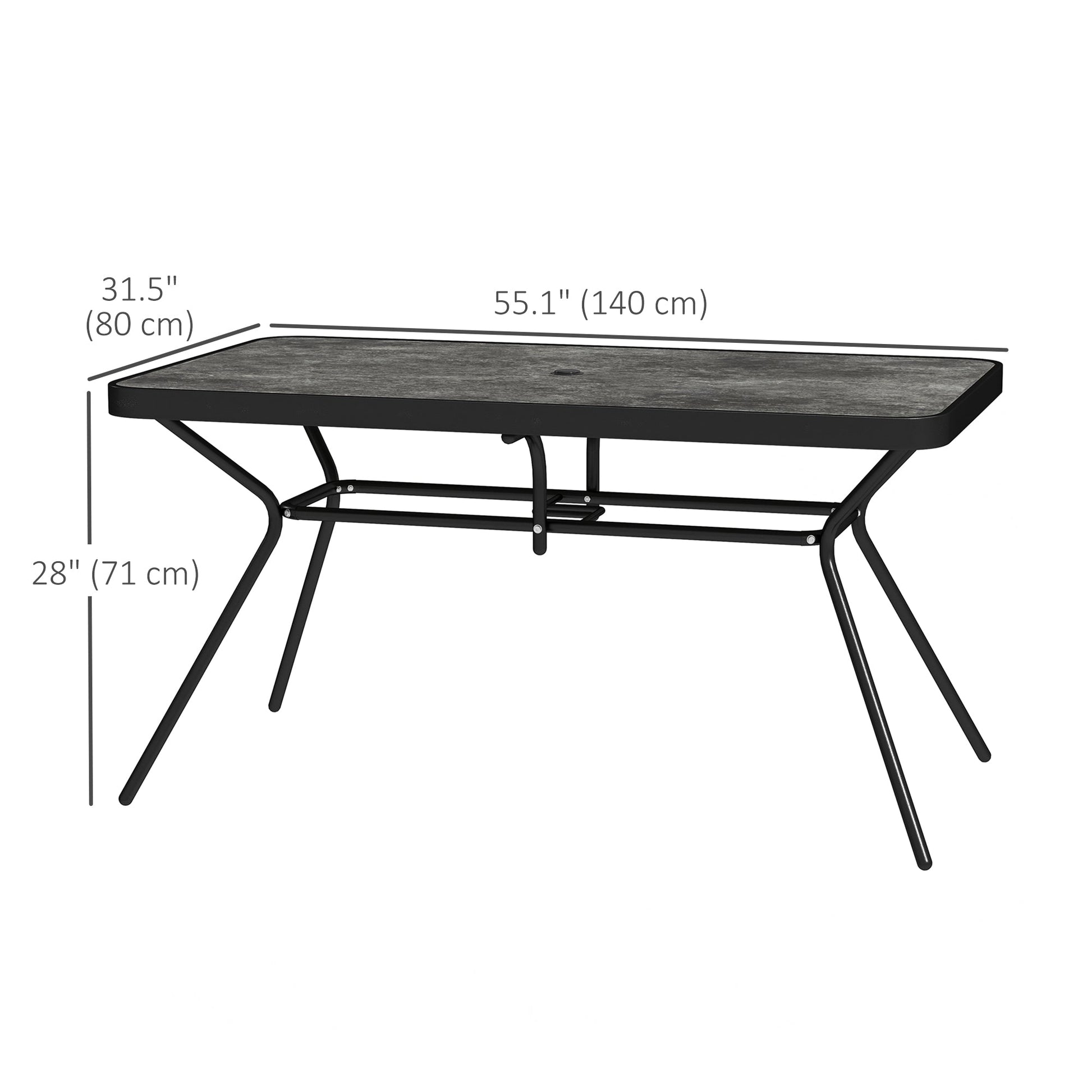 55" x 31.5" x 28" Rectangle Outdoor Dining Table for 6, Patio Table with 1.7" Umbrella Hole, Easy Clean DPC Plastic Tabletop, Steel Frame, for Backyard, Deck, Lawn, Grey