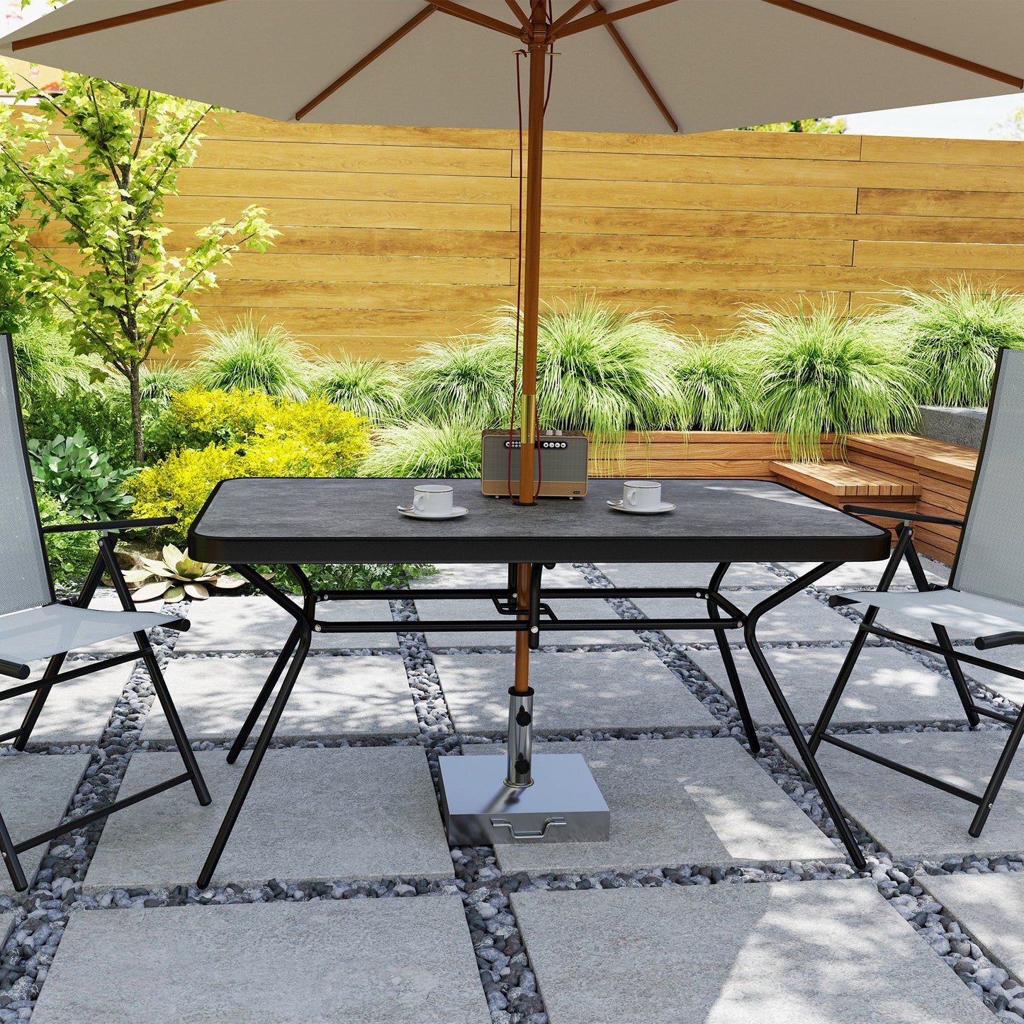 55" x 31.5" x 28" Rectangle Outdoor Dining Table for 6, Patio Table with 1.7" Umbrella Hole, Easy Clean DPC Plastic Tabletop, Steel Frame, for Backyard, Deck, Lawn, Grey