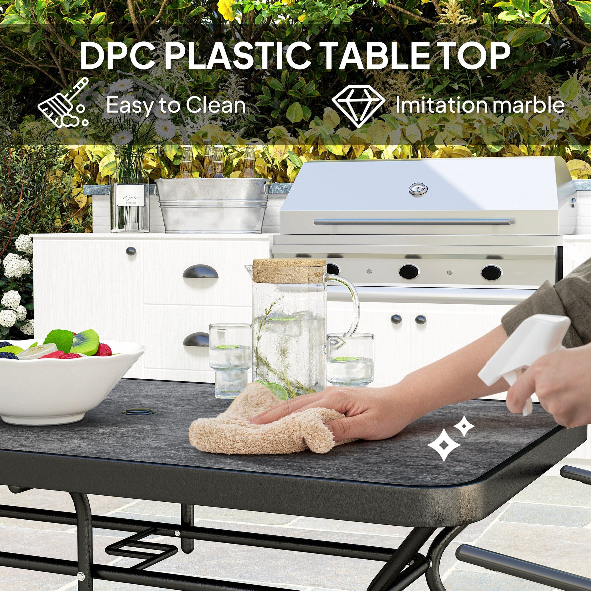 55" x 31.5" x 28" Rectangle Outdoor Dining Table for 6, Patio Table with 1.7" Umbrella Hole, Easy Clean DPC Plastic Tabletop, Steel Frame, for Backyard, Deck, Lawn, Grey