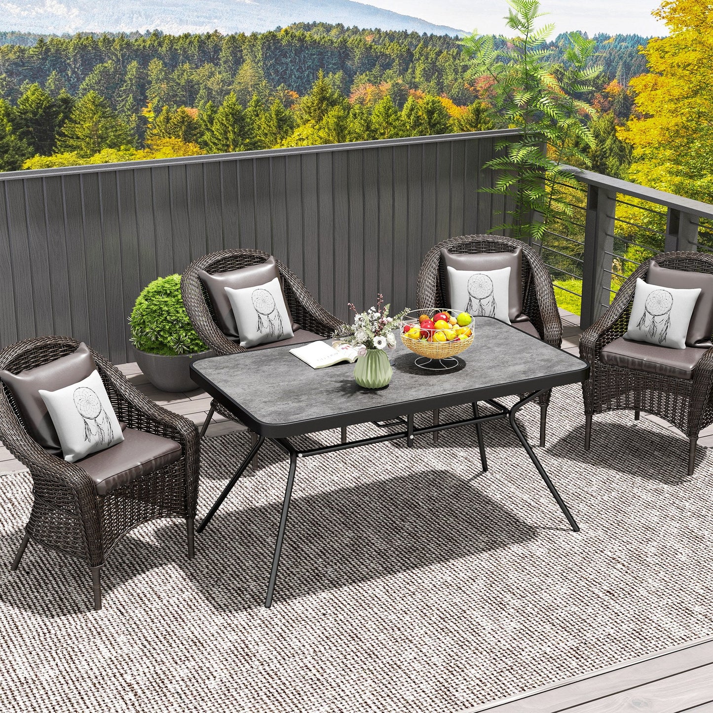 55" x 31.5" x 28" Rectangle Outdoor Dining Table for 6, Patio Table with 1.7" Umbrella Hole, Easy Clean DPC Plastic Tabletop, Steel Frame, for Backyard, Deck, Lawn, Grey