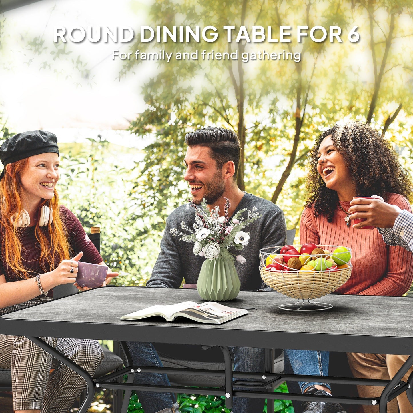 55" x 31.5" x 28" Rectangle Outdoor Dining Table for 6, Patio Table with 1.7" Umbrella Hole, Easy Clean DPC Plastic Tabletop, Steel Frame, for Backyard, Deck, Lawn, Grey