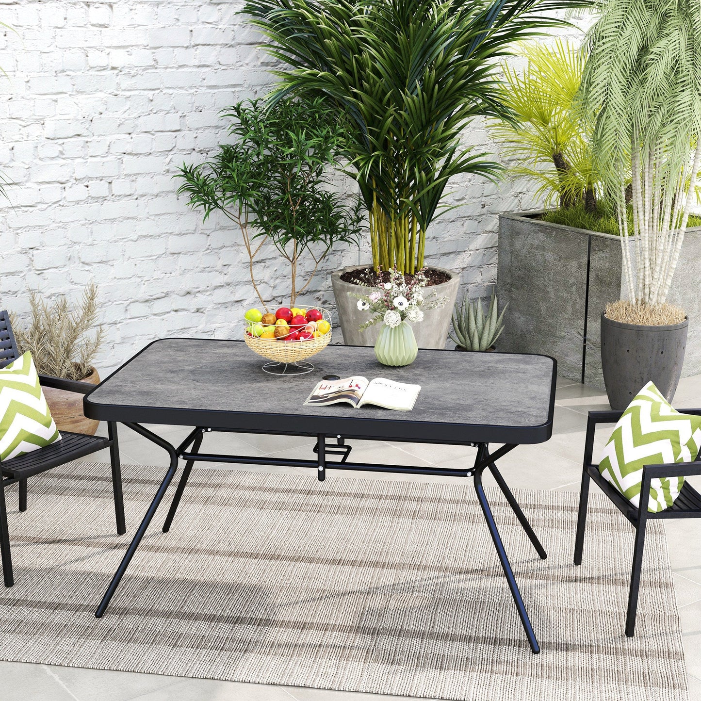 55" x 31.5" x 28" Rectangle Outdoor Dining Table for 6, Patio Table with 1.7" Umbrella Hole, Easy Clean DPC Plastic Tabletop, Steel Frame, for Backyard, Deck, Lawn, Grey