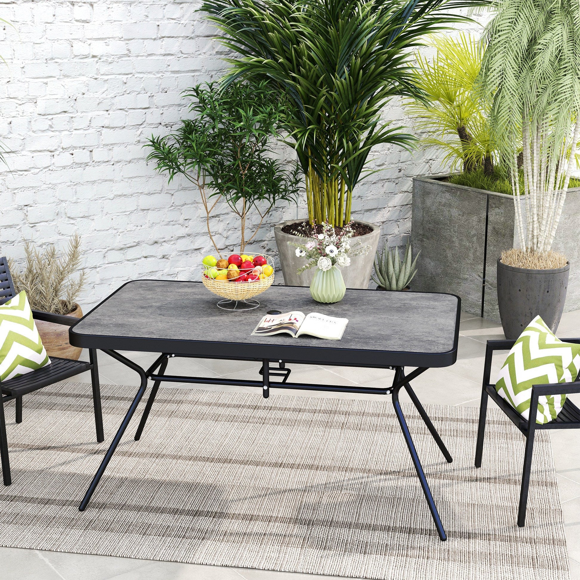 55" x 31.5" x 28" Rectangle Outdoor Dining Table for 6, Patio Table with 1.7" Umbrella Hole, Easy Clean DPC Plastic Tabletop, Steel Frame, for Backyard, Deck, Lawn, Grey