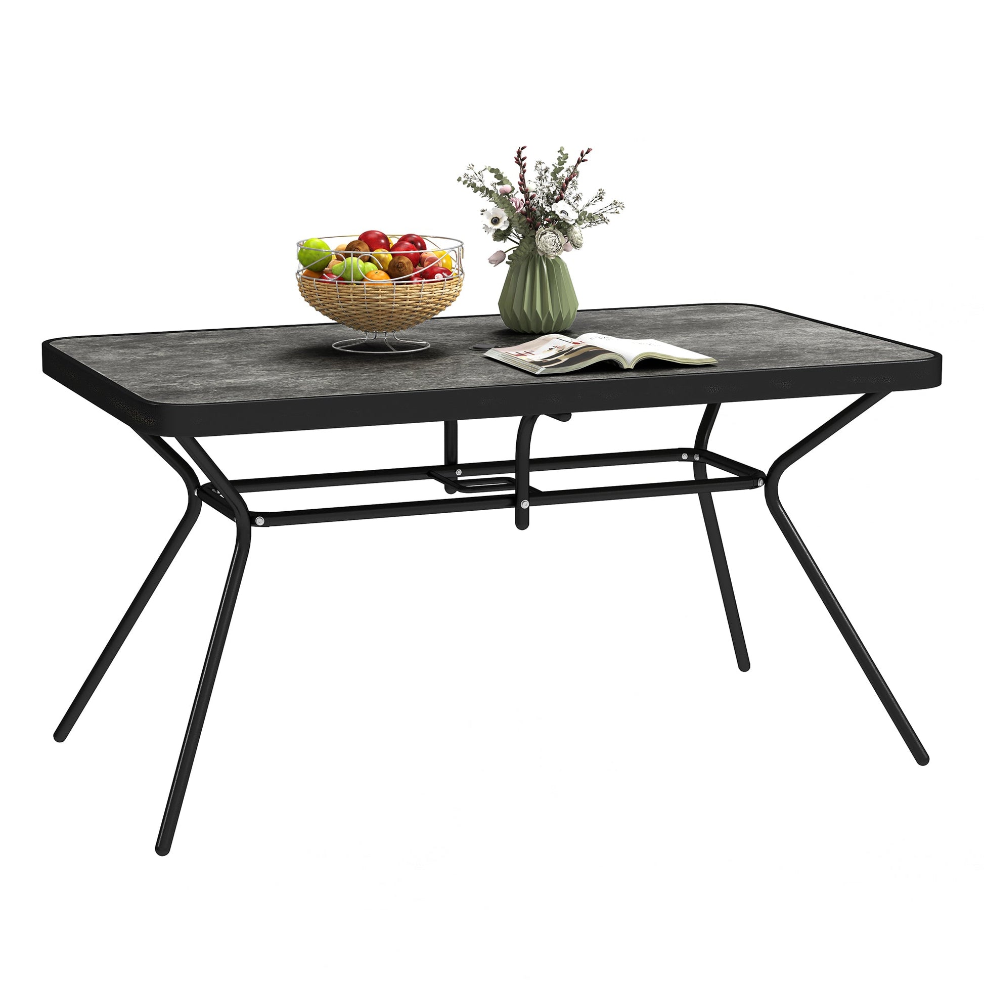 55" x 31.5" x 28" Rectangle Outdoor Dining Table for 6, Patio Table with 1.7" Umbrella Hole, Easy Clean DPC Plastic Tabletop, Steel Frame, for Backyard, Deck, Lawn, Grey