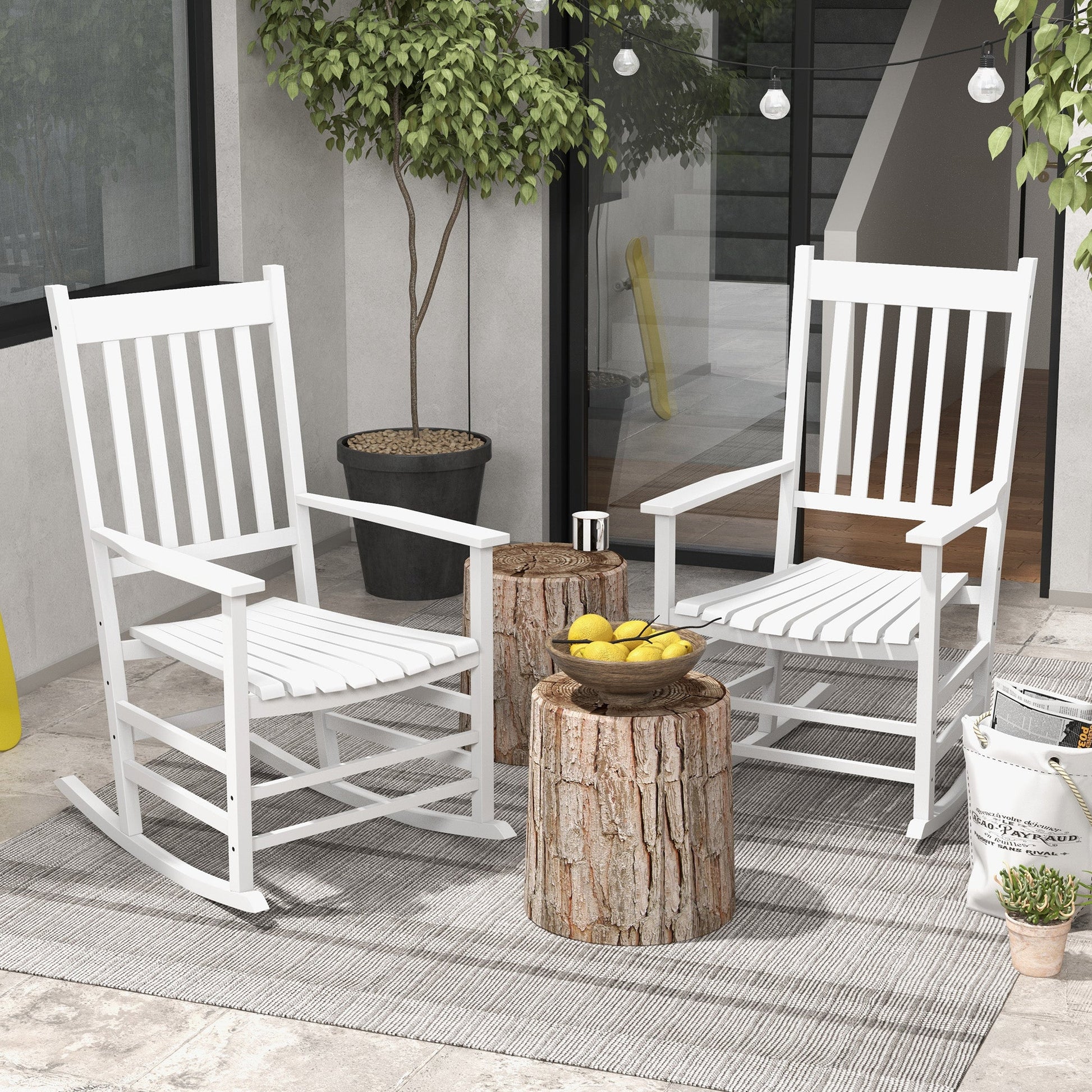 Wooden Patio Rocking Chairs Set of 2, Outdoor Rocker Chairs with Wide Armrests, High Back, Slatted Seat and Backrest, for Garden, Balcony, Porch, White