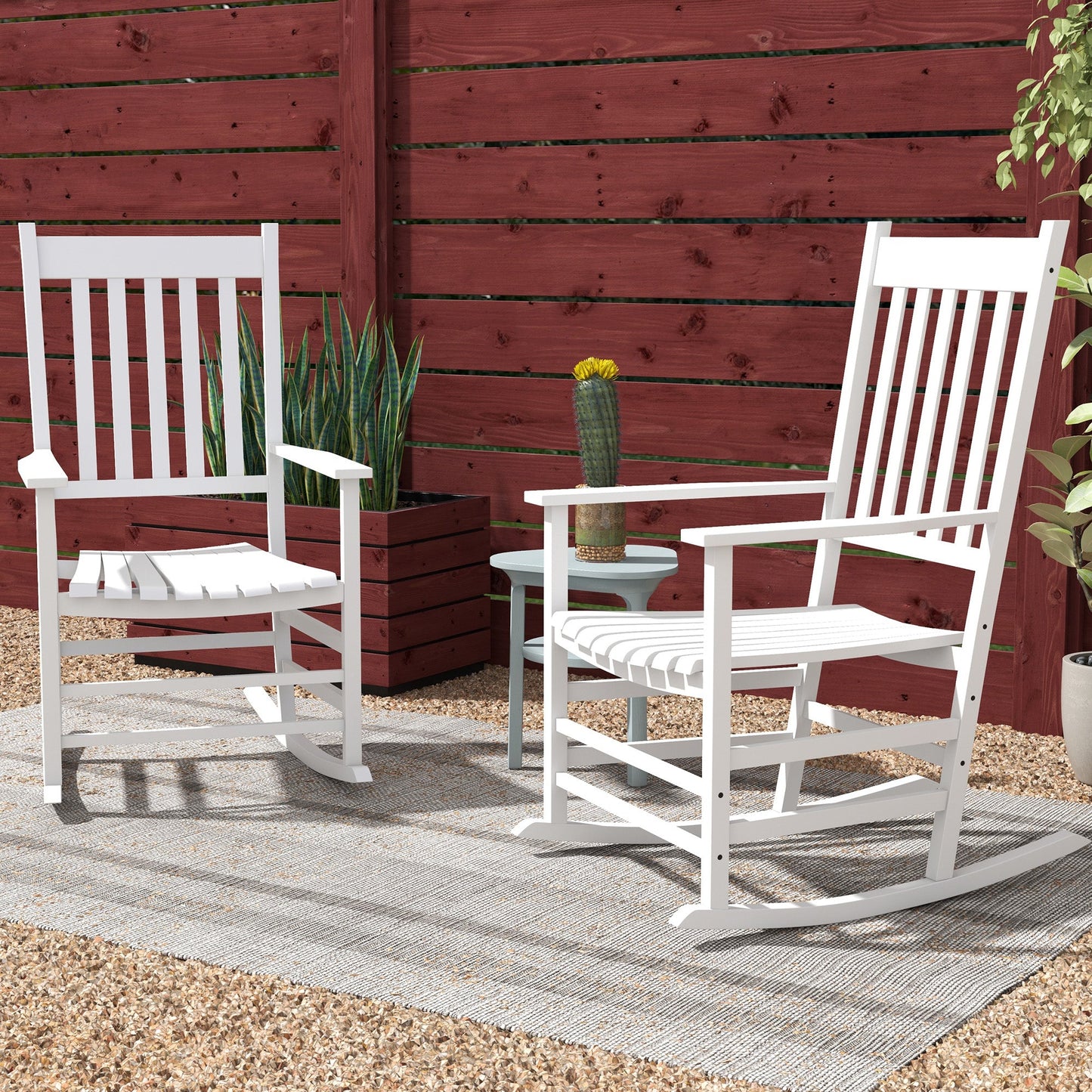 Wooden Patio Rocking Chairs Set of 2, Outdoor Rocker Chairs with Wide Armrests, High Back, Slatted Seat and Backrest, for Garden, Balcony, Porch, White