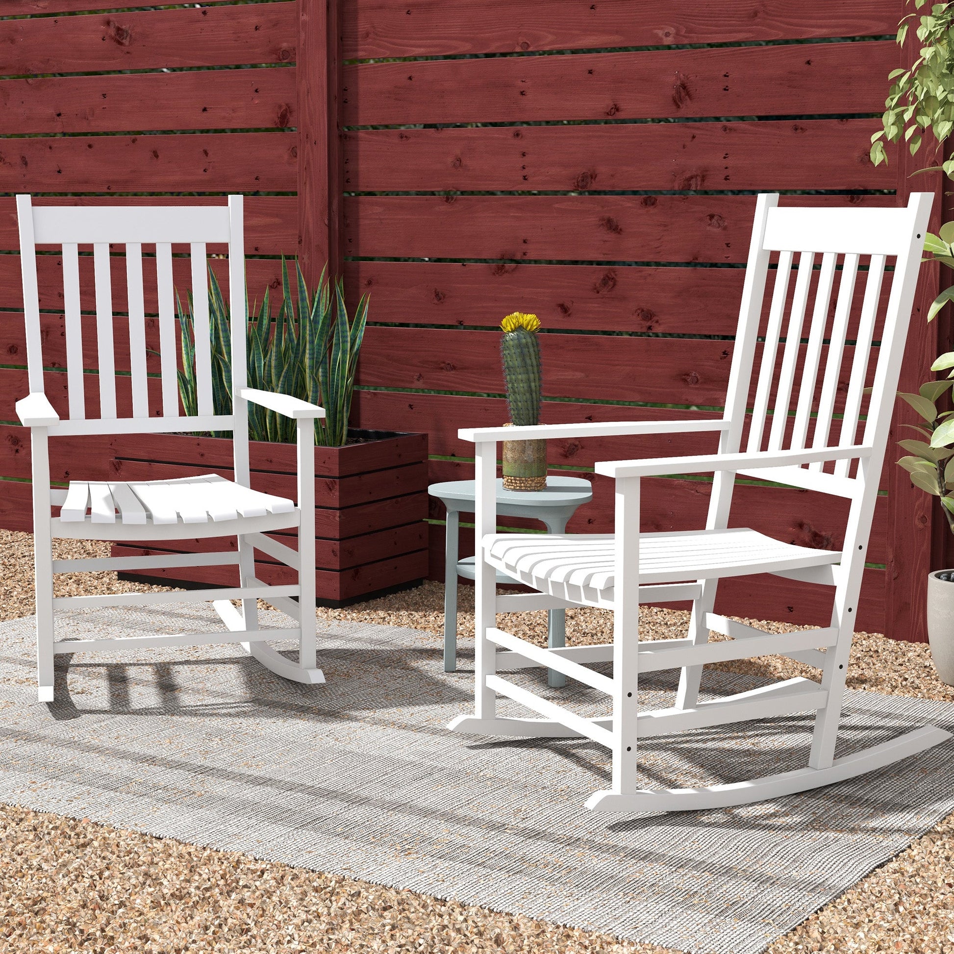 Wooden Patio Rocking Chairs Set of 2, Outdoor Rocker Chairs with Wide Armrests, High Back, Slatted Seat and Backrest, for Garden, Balcony, Porch, White