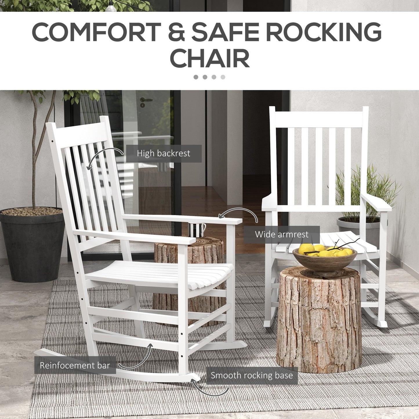 Wooden Patio Rocking Chairs Set of 2, Outdoor Rocker Chairs with Wide Armrests, High Back, Slatted Seat and Backrest, for Garden, Balcony, Porch, White