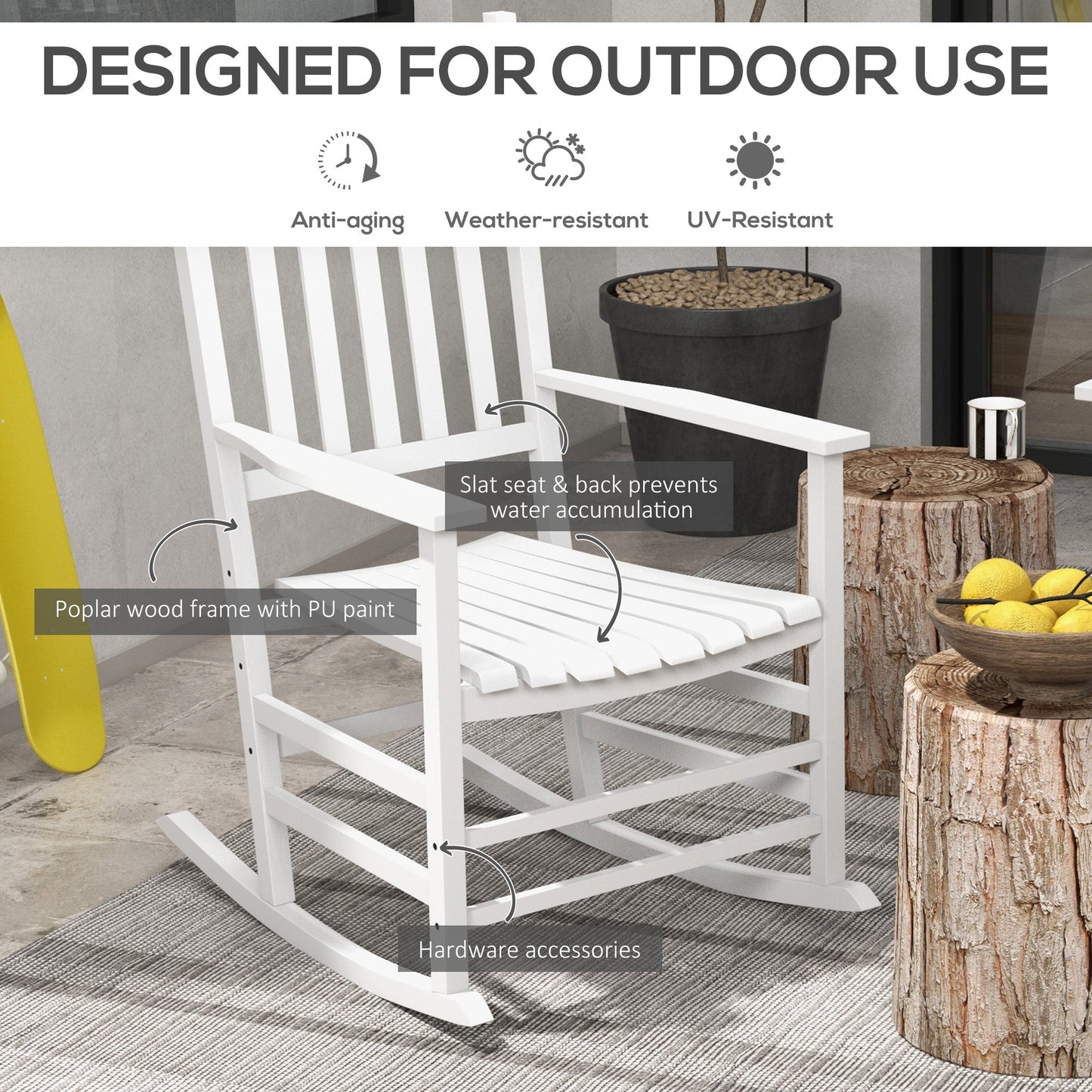 Wooden Patio Rocking Chairs Set of 2, Outdoor Rocker Chairs with Wide Armrests, High Back, Slatted Seat and Backrest, for Garden, Balcony, Porch, White