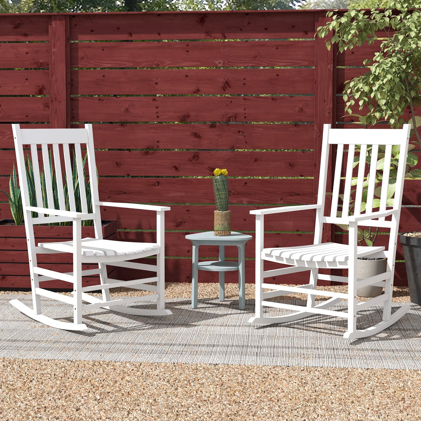 Wooden Patio Rocking Chairs Set of 2, Outdoor Rocker Chairs with Wide Armrests, High Back, Slatted Seat and Backrest, for Garden, Balcony, Porch, White