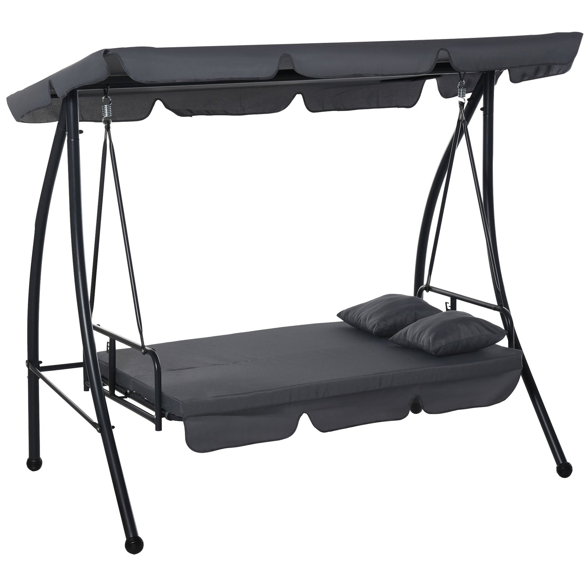 Patio Swing Chair, 3 Person Convertible Hammock, Outdoor Swing Lounge Bed, Cushioned with Tilt Canopy, Dark Grey