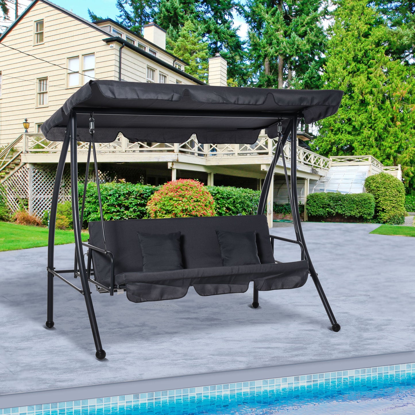 Patio Swing Chair, 3 Person Convertible Hammock, Outdoor Swing Lounge Bed, Cushioned with Tilt Canopy, Dark Grey