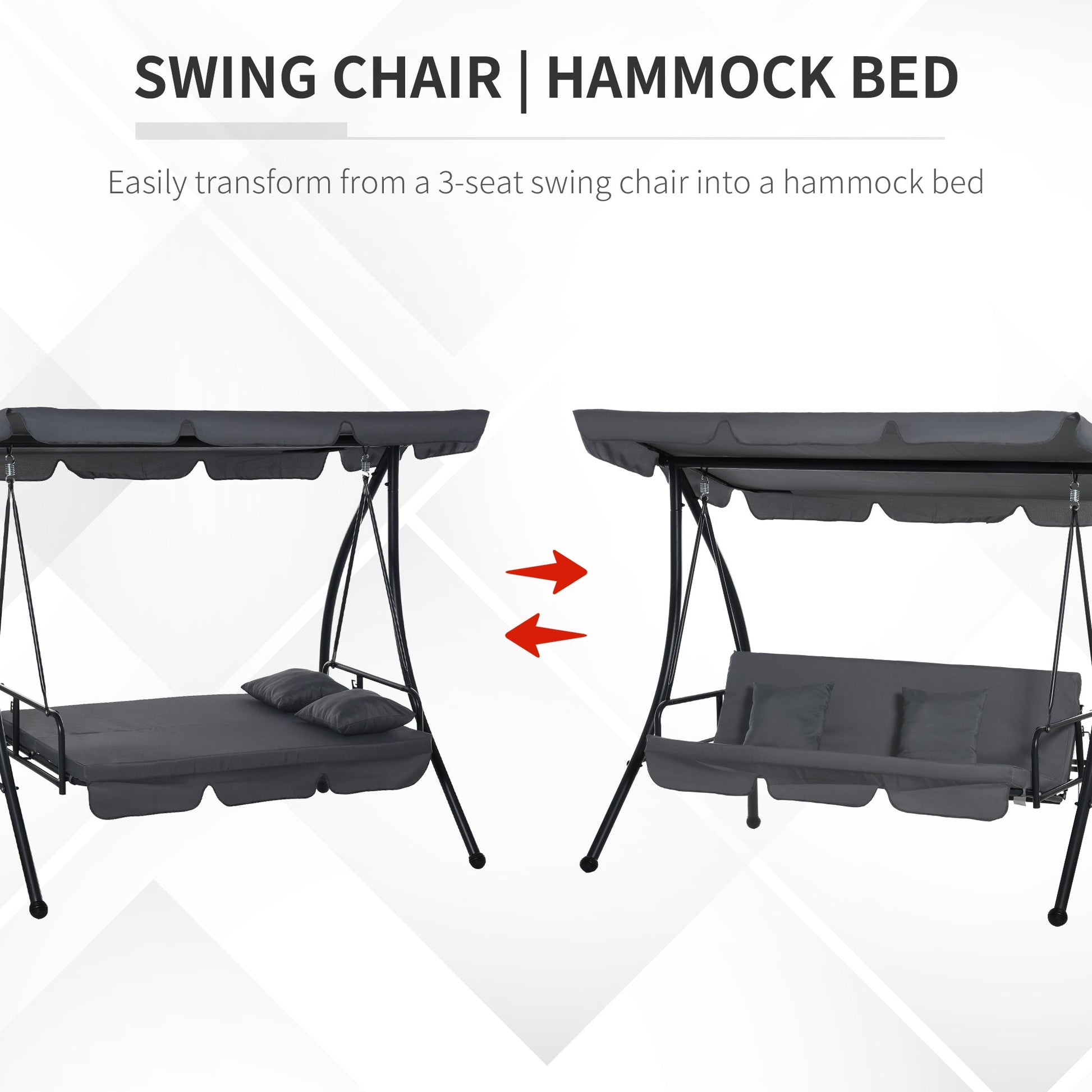 Patio Swing Chair, 3 Person Convertible Hammock, Outdoor Swing Lounge Bed, Cushioned with Tilt Canopy, Dark Grey