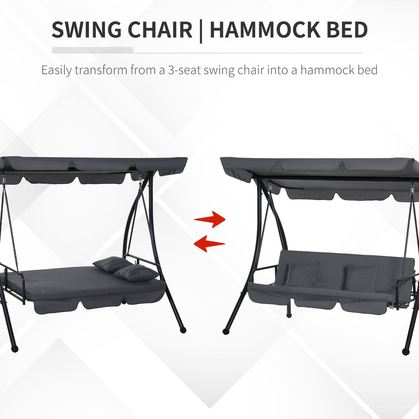 Patio Swing Chair, 3 Person Convertible Hammock, Outdoor Swing Lounge Bed, Cushioned with Tilt Canopy, Dark Grey