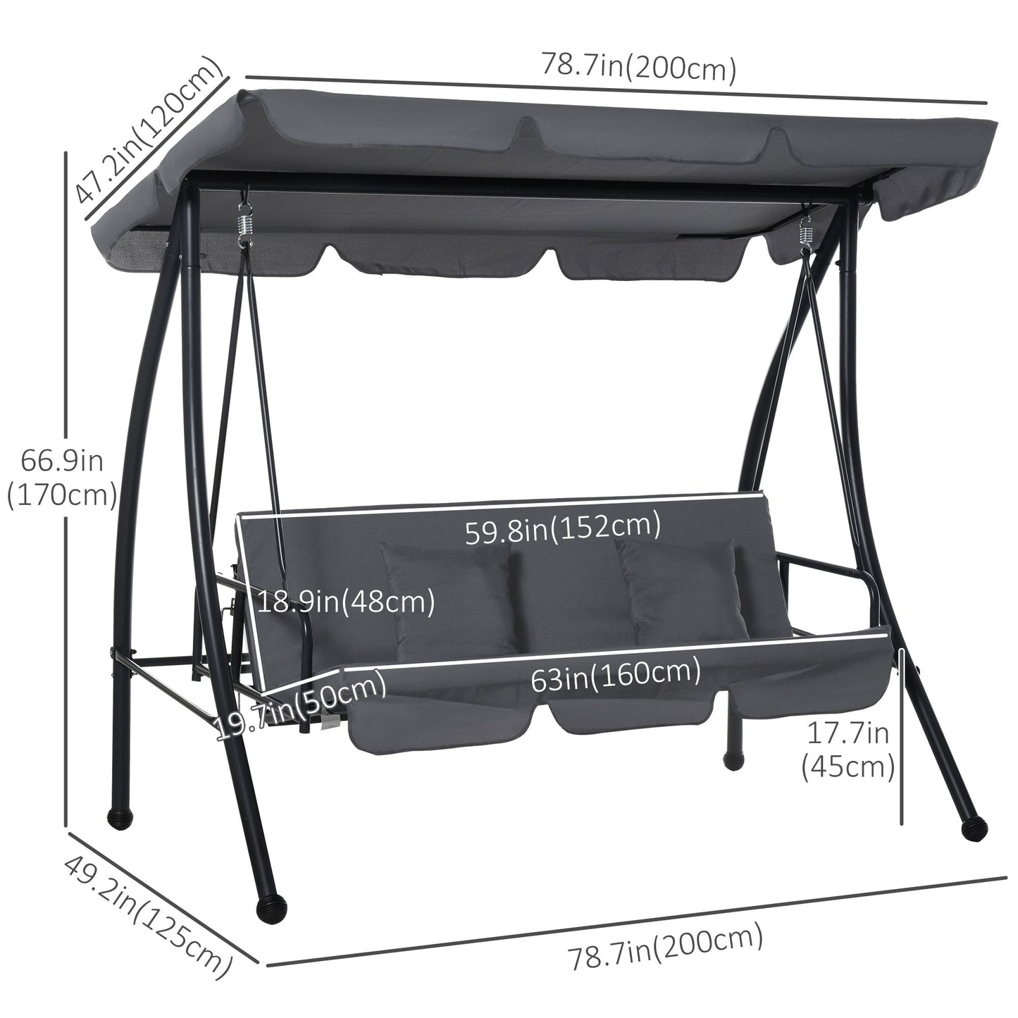 Patio Swing Chair, 3 Person Convertible Hammock, Outdoor Swing Lounge Bed, Cushioned with Tilt Canopy, Dark Grey