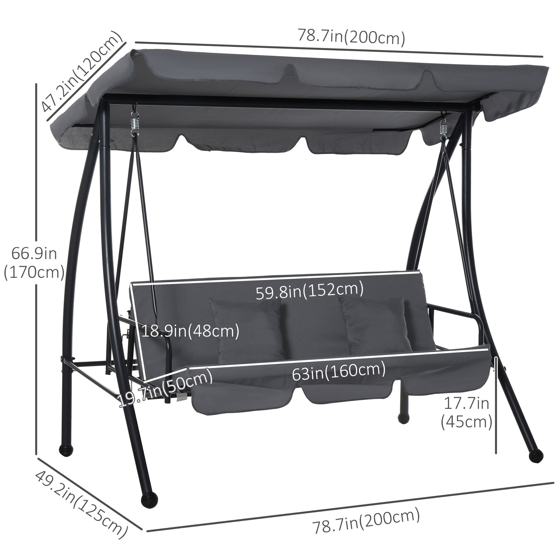 Patio Swing Chair, 3 Person Convertible Hammock, Outdoor Swing Lounge Bed, Cushioned with Tilt Canopy, Dark Grey
