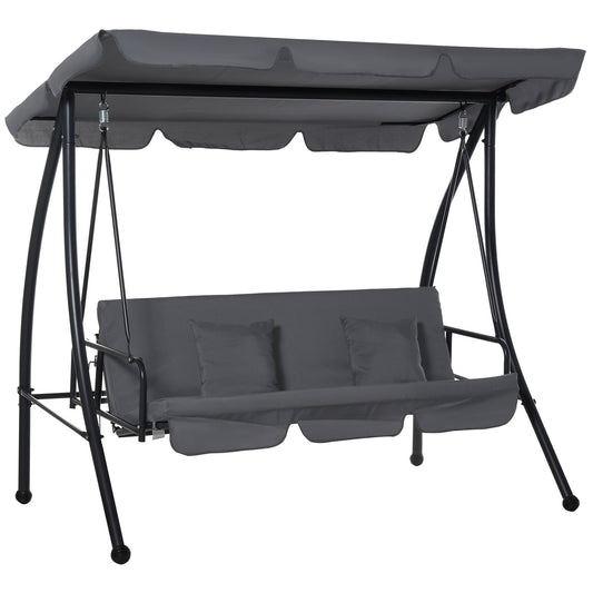 Patio Swing Chair, 3 Person Convertible Hammock, Outdoor Swing Lounge Bed, Cushioned with Tilt Canopy, Dark Grey