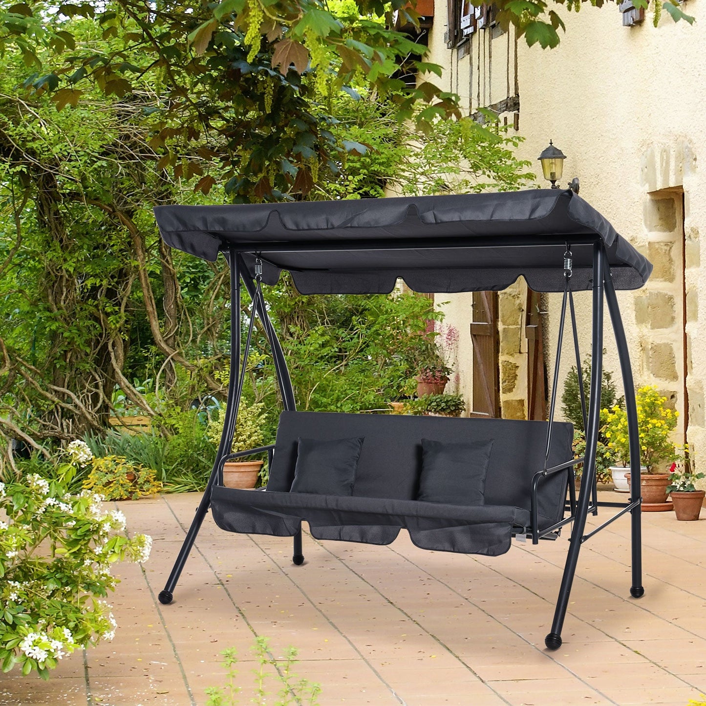 Patio Swing Chair, 3 Person Convertible Hammock, Outdoor Swing Lounge Bed, Cushioned with Tilt Canopy, Dark Grey