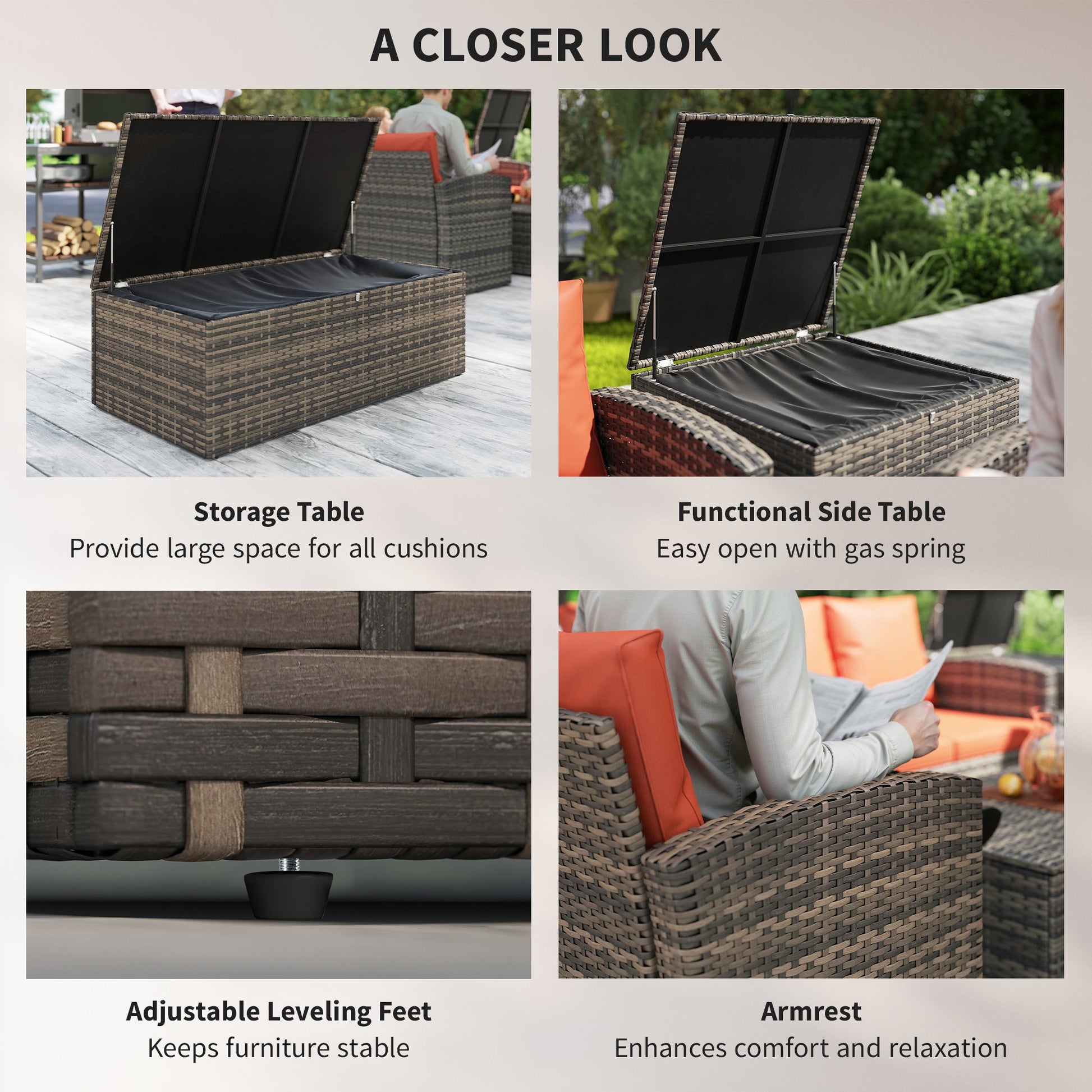 6 Pieces Wicker Patio Furniture Set with Cushions, 7-Seater Rattan Patio Sofa Set with Storage Coffee Table & Side Table, Sectional Outdoor Furniture Set, Orange